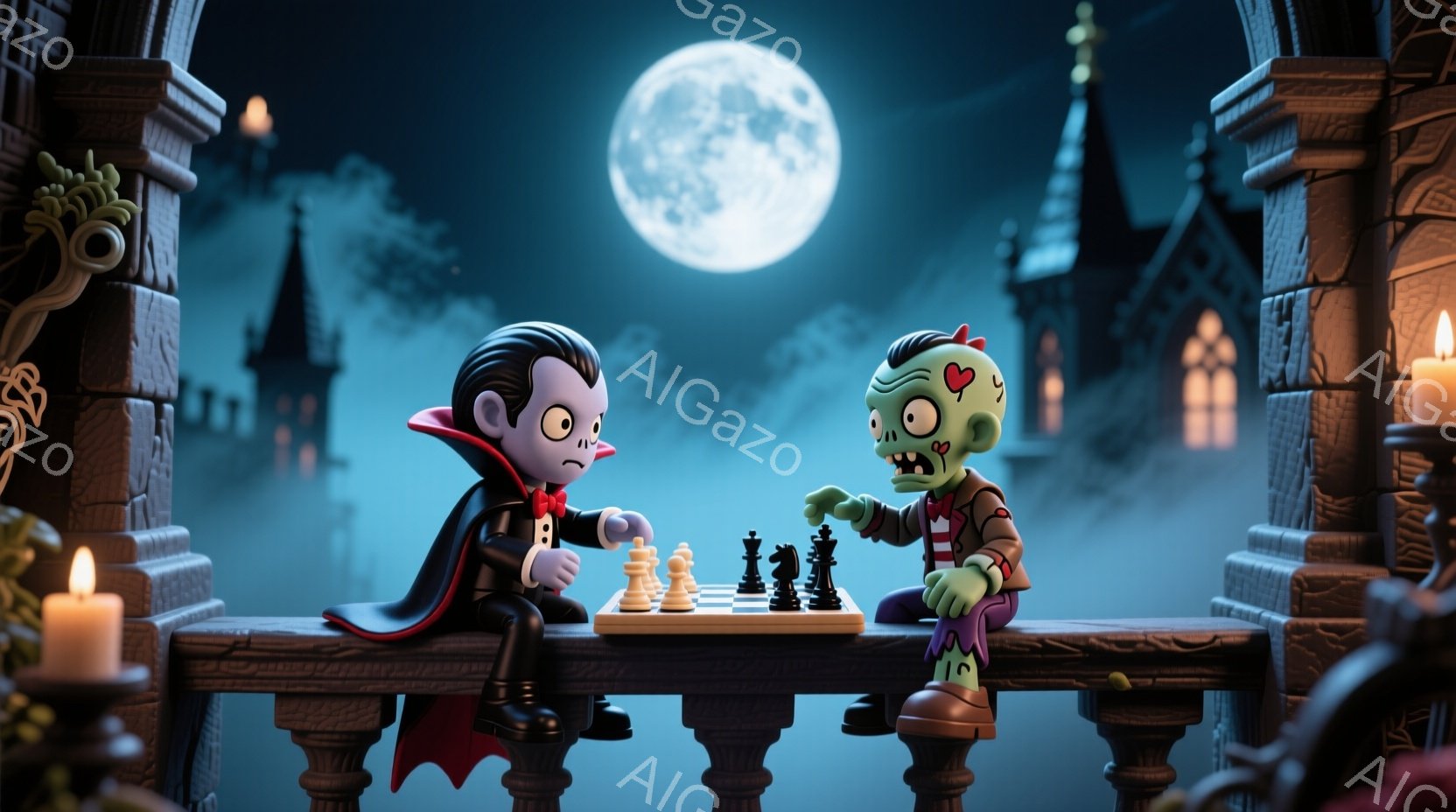 吸血鬼とゾンビが、石造りのバルコニーでチェスを楽しんでいる様子が描かれています。吸血鬼は黒い髪で、赤いマントを着て、わずかに微笑んでいます。背景には、霧のかかった夜の城と満月が輝き、ハロウィーンのような不気味でありながらもコミカルな雰囲気を醸し出しています。