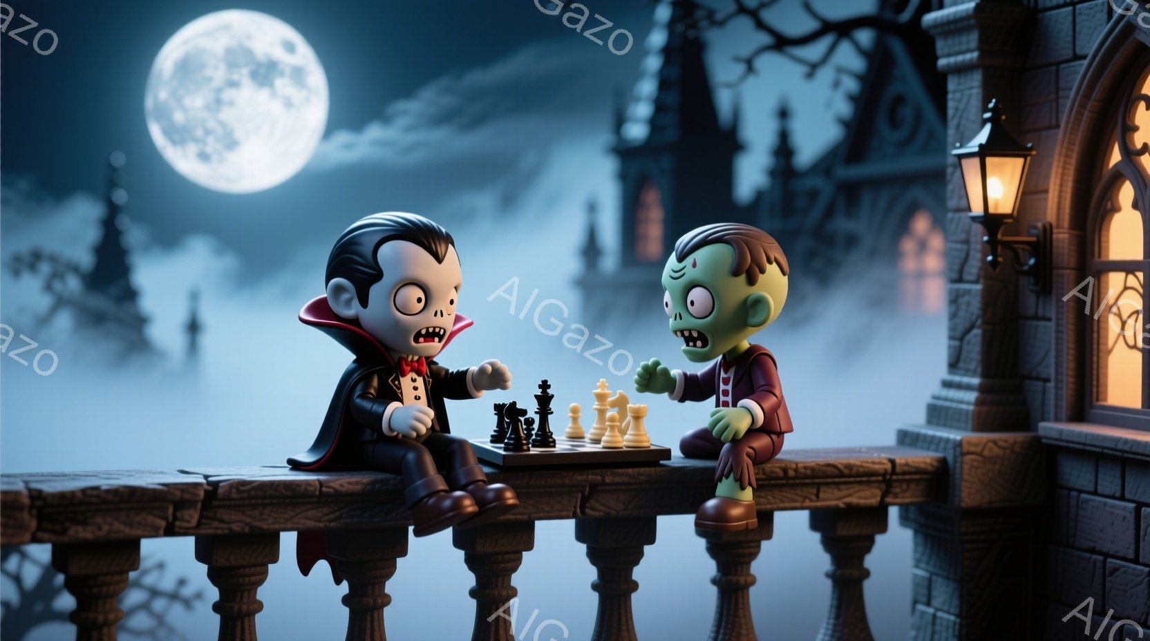 吸血鬼とゾンビが、石造りのバルコニーでチェスを指している様子が描かれています。吸血鬼は黒いスーツと赤いマントを着て、ゾンビは紫色のスーツを着ています。背景には、霧に包まれたお城と不気味な木々が見え、満月が光を放っているため、全体的にハロウィーンのような不気味な雰囲気が漂っています。