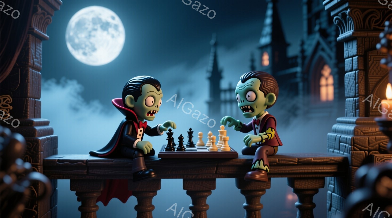 ゾンビと吸血鬼が城のバルコニーでチェスを指している様子が描かれています。ゾンビは緑色の肌で、フォーマルなジャケットを着ており、吸血鬼は黒いスーツと赤いマントを身に着けて、鋭い表情で対局しています。 背景にはお城が聳え立ち、満月が輝き、不気味でありながらもコミカルな雰囲気を醸し出しています。