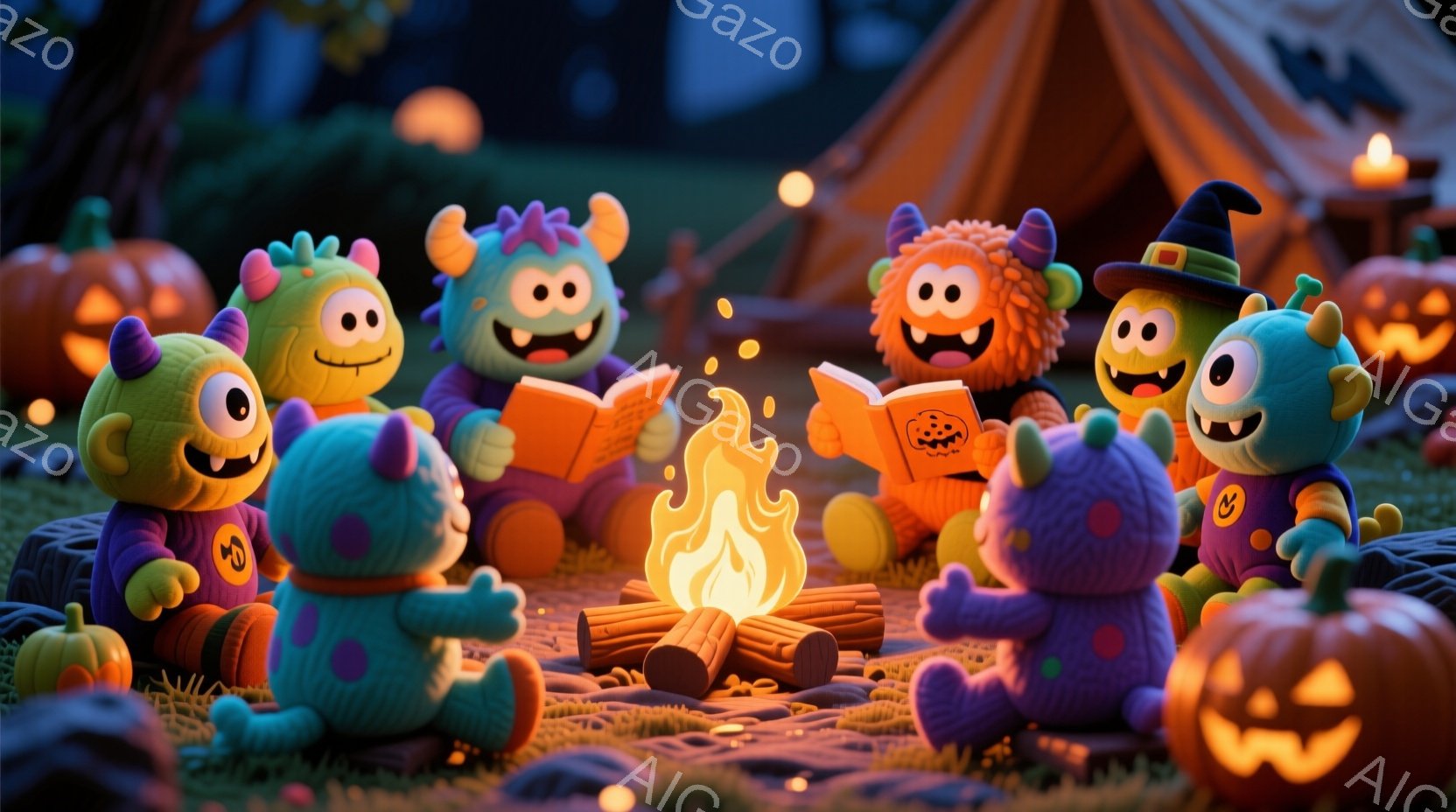鮮やかな色のモンスターたちがキャンプファイヤーを囲んで本を読んでいます。それぞれのモンスターは異なる色と表情を持ち、オレンジ、紫、青、緑などのカラフルな服を着ています。背景にはカボチャやテントがあり、 - AI生成フリー素材