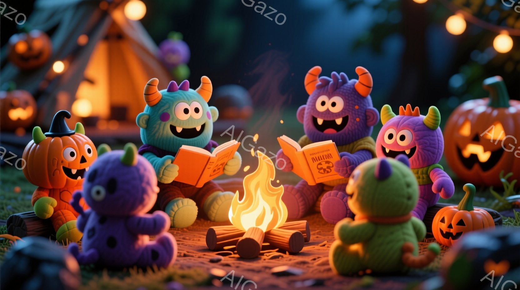 ハロウィーンをテーマにした、カラフルなモンスターたちがキャンプファイヤーを囲んでいるイラストです。紫、緑、オレンジ、ピンクなどの様々な色のモンスターたちは、本を読んだり、リラックスしたりして楽しんでいます。背景には、ハロウィーンカボチャやテント、緑豊かな草地が広がり、秋の夜の温かく楽しい雰囲気を醸し出しています。
