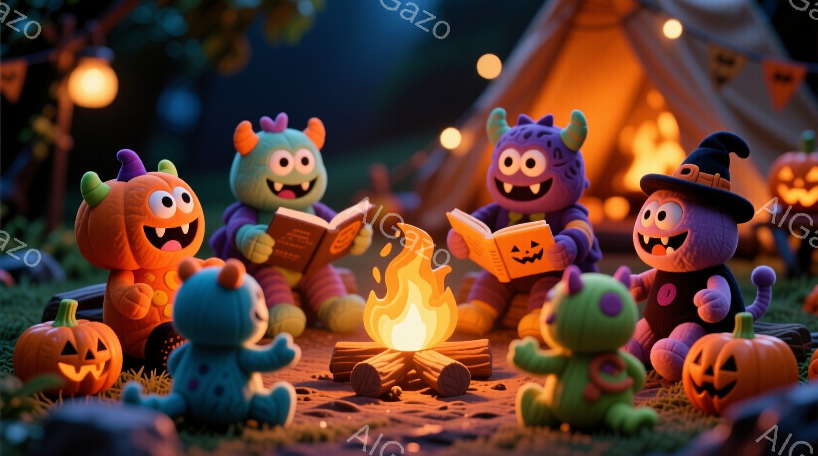 鮮やかな色彩のハロウィンモンスターたちが、焚き火を囲んで本を読んでいます。各モンスターはそれぞれ異なる色と表情を持ち、オレンジ、紫、緑、水色の個性が際立っています。背景にはカボチャのランタンが並び、夜 - AI生成フリー素材