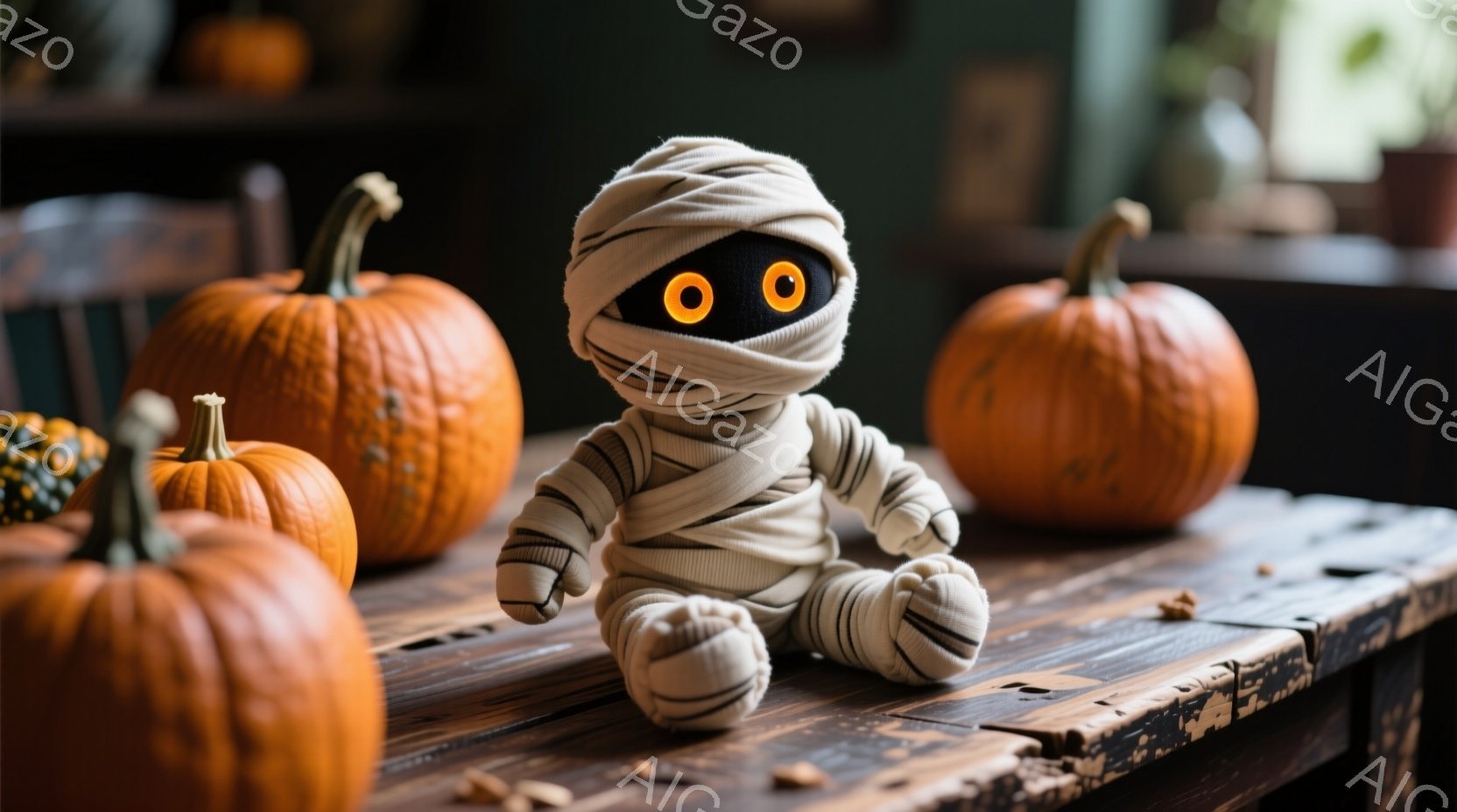 オレンジ色のカボチャに囲まれた、包帯でぐるぐる巻きになった可愛らしいミイラのぬいぐるみです。ミイラは座って膝を抱え、大きな黒い目が印象的です。背景は木製のテーブルで、ハロウィーンの飾りや小さな種が散らばっており、温かみのある秋の雰囲気を醸し出しています。