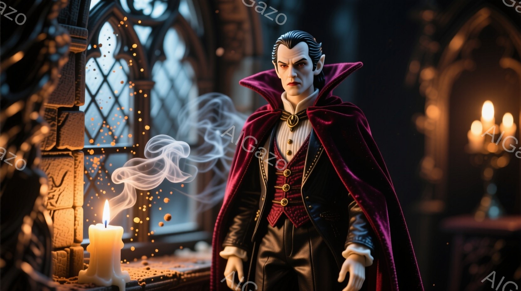 鮮やかな赤いマントと黒い衣装を身につけた男性を描いており、鋭い眼差しと整った髪型が特徴的です。彼はろうそくの炎が灯る石造りのアーチの前で立っており、煙が立ち込める様子から、何らかの儀式や神秘的な雰囲気が漂っています。背景には、暗い室内と窓から見えるぼやけた景色が広がり、全体的にゴシックで不気味な雰囲気を醸し出しています。