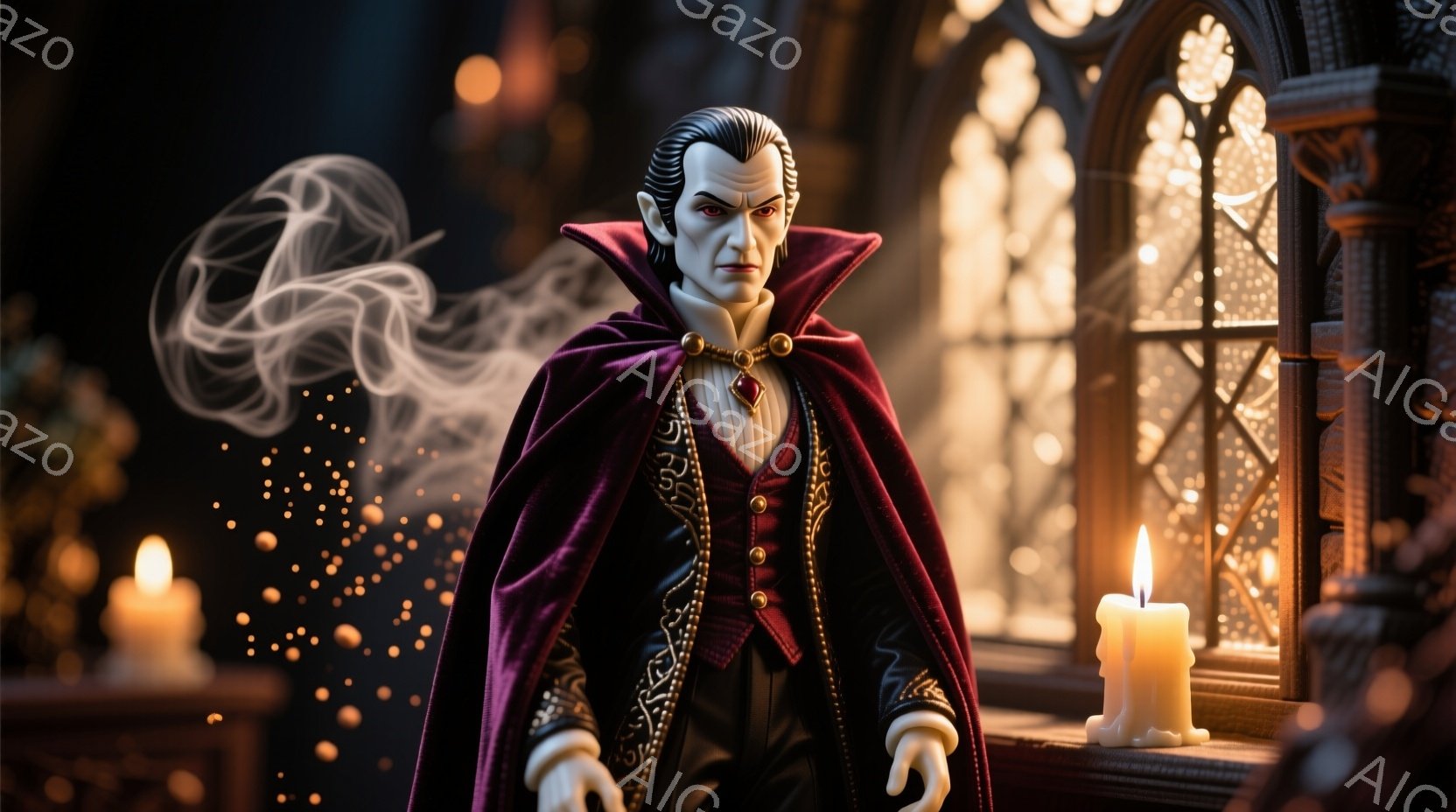 深紅のベルベットのケープを羽織った男性は、洗練された黒いスーツを着ており、胸元には宝石が輝いています。彼の髪は黒く、整然と梳かされており、鋭い眼差しと引き締まった表情は、威厳と神秘性を感じさせます。背景にはステンドグラスの窓と灯りの灯るテーブルがあり、薄暗く幻想的な雰囲気を醸し出しています。
