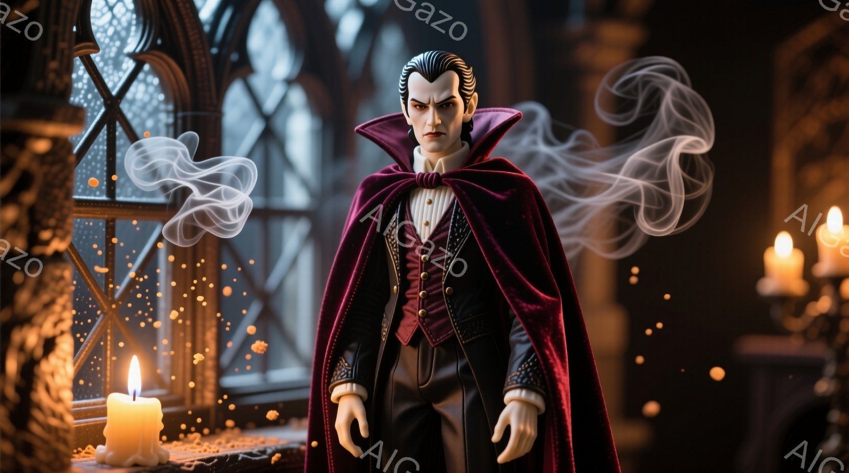 深紅のケープと黒いスーツを着た、整った髪型の男性が立っている。彼は少し微笑んでおり、自信に満ちた表情をしている。背景にはステンドグラスの窓とロウソクの光があり、幻想的で少し不気味な雰囲気を醸し出してい - AI生成フリー素材