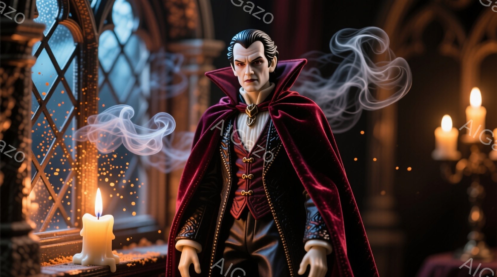 深紅の豪華なケープとベストを身につけた男性が、少し上目遣いをして立っている。彼の髪型は整髪料で固められ、顔には自信と威厳が漂っている。背景にはステンドグラスの窓、燃えるキャンドル、そしてぼんやりとした - AI生成フリー素材