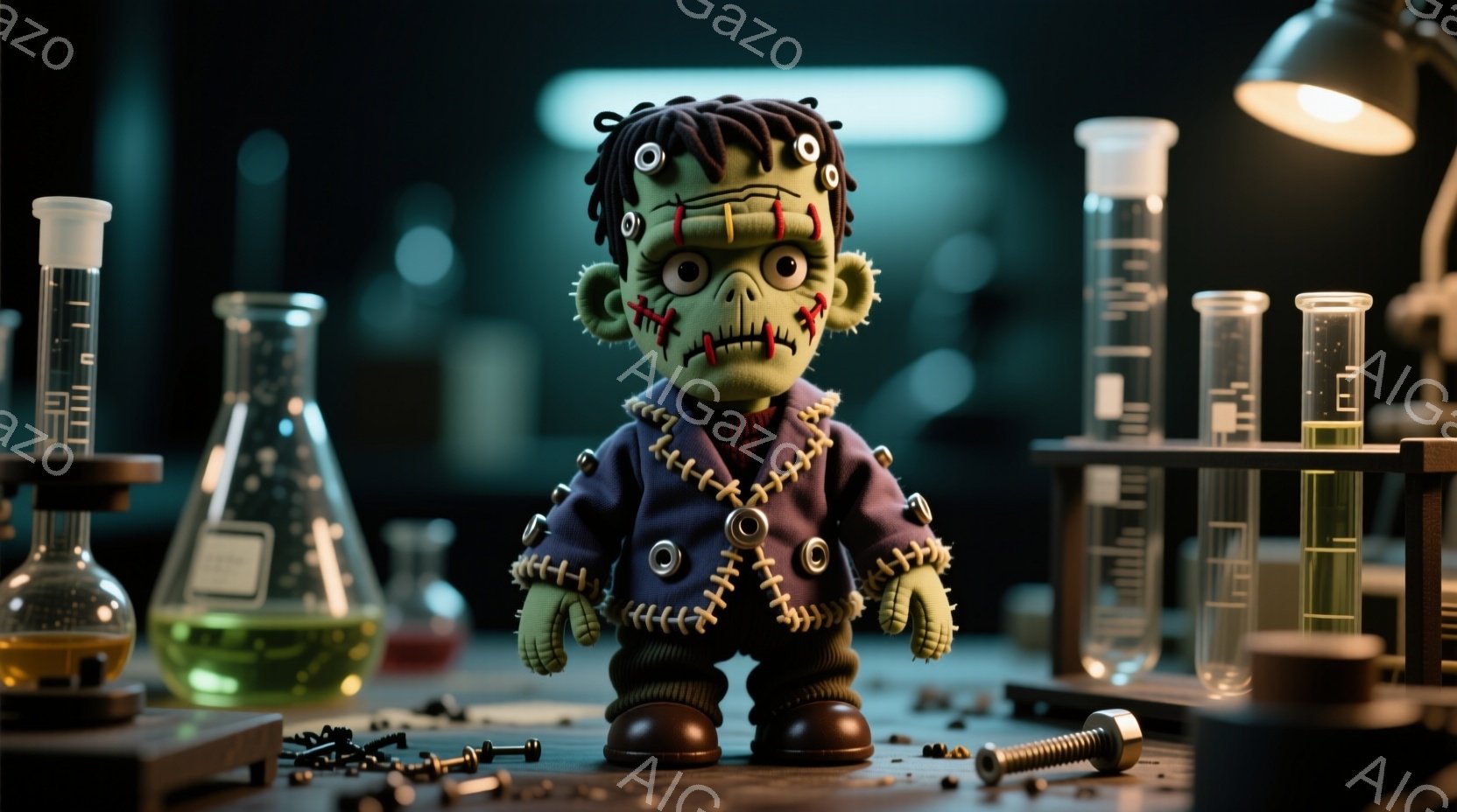 フランケンシュタインを模した人形が描かれています。人形は、緑色の肌、ボルトで固定された首、縫い合わされた服を着ており、少し不気味な表情をしています。背景には、実験器具やネジが散らばった実験室のような空 - AI生成フリー素材