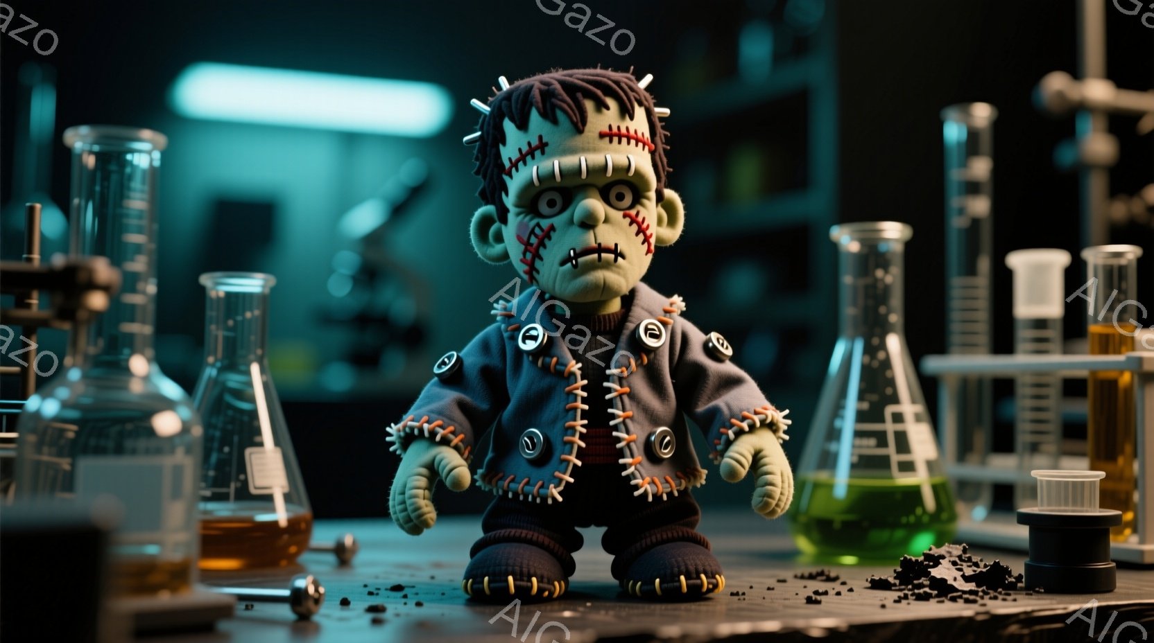 これは、縫い目のあるフランケンシュタインのモンスターの縫製人形です。彼は、ボタンで留められた粗雑な青いジャケットを着ており、緑色の肌には縫い目がたくさんあります。背景には、様々な液体が入った実験器具が - AI生成フリー素材