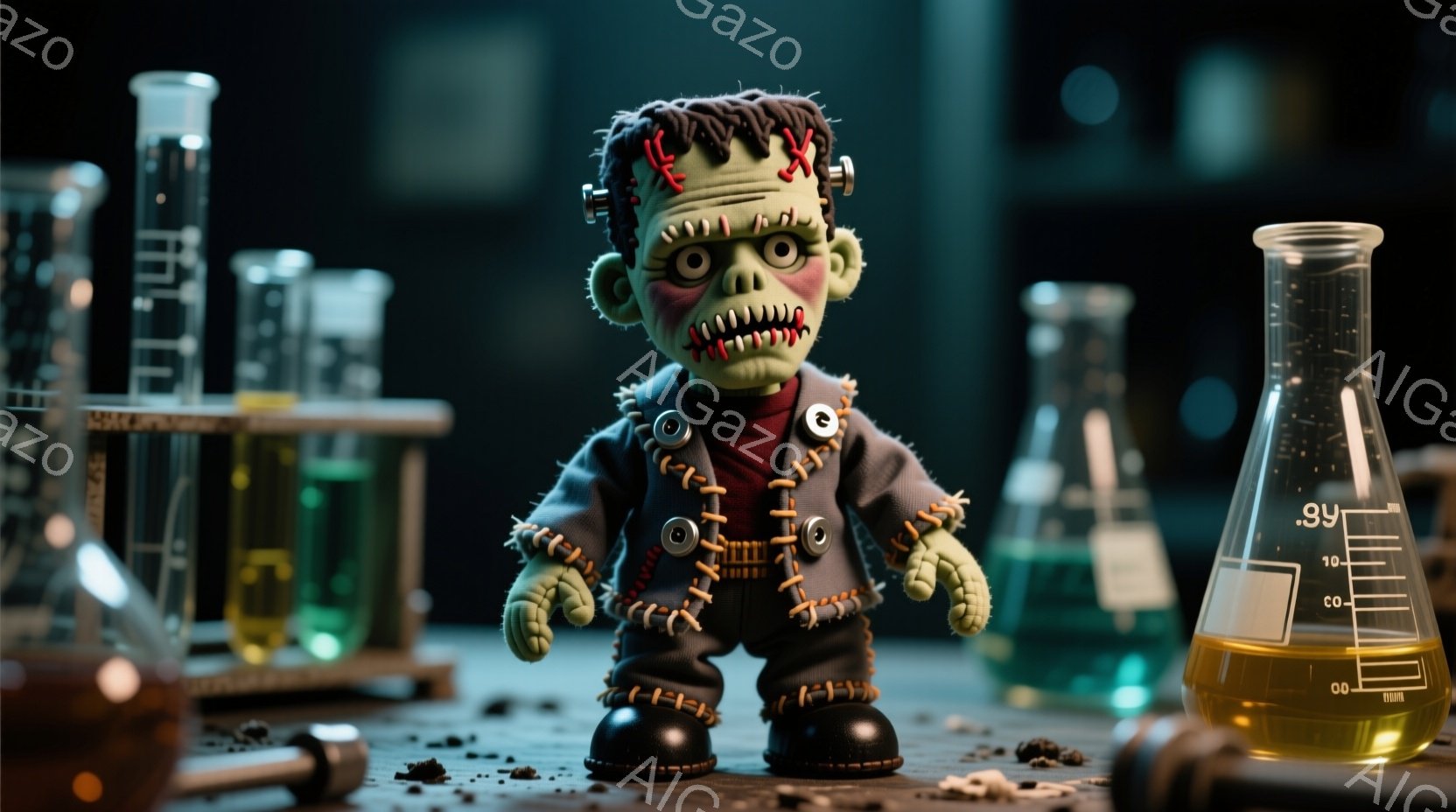 不気味なフランケンシュタイン風の人形が、縫い目のついた緑色の肌と黒髪で表現されています。人形は、黒い靴とボタンで留められた青いジャケットを着ており、不気味な笑顔を浮かべて立っています。背景には、緑と黄 - AI生成フリー素材