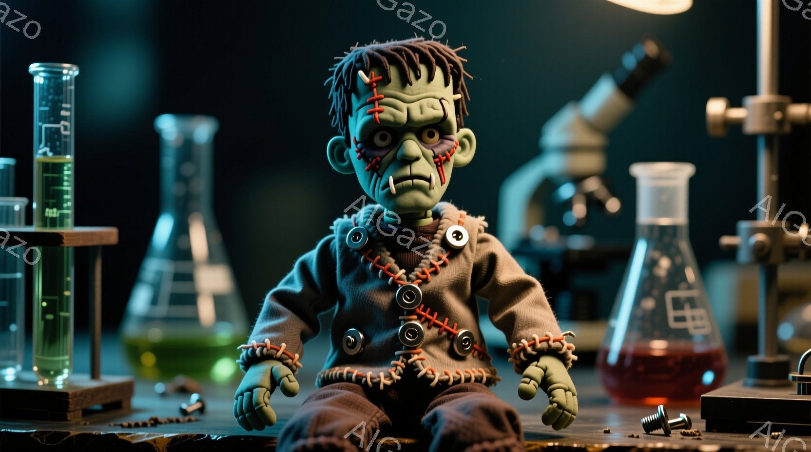 フランケンシュタインのモンスターを模した人形が、実験室のような背景に座っている様子を描いています。人形は、継ぎ接ぎだらけの肌、大きな角ばった頭、特徴的なボルトの装飾、そして暗い表情をしています。背景に - AI生成フリー素材