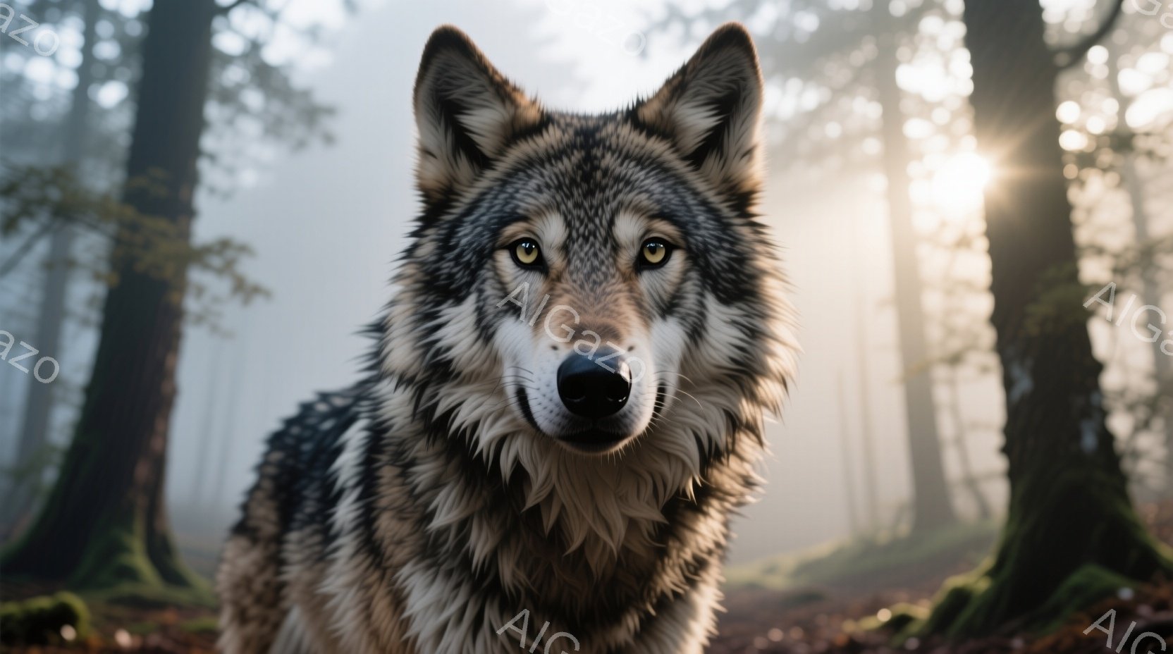 灰色の毛並みを持つオオカミが、カメラの方をまっすぐ見つめています。その表情は冷静で、鋭い眼光が印象的です。背景は霧に包まれた森林で、木々の間から差し込む光が幻想的な雰囲気を醸し出しています。