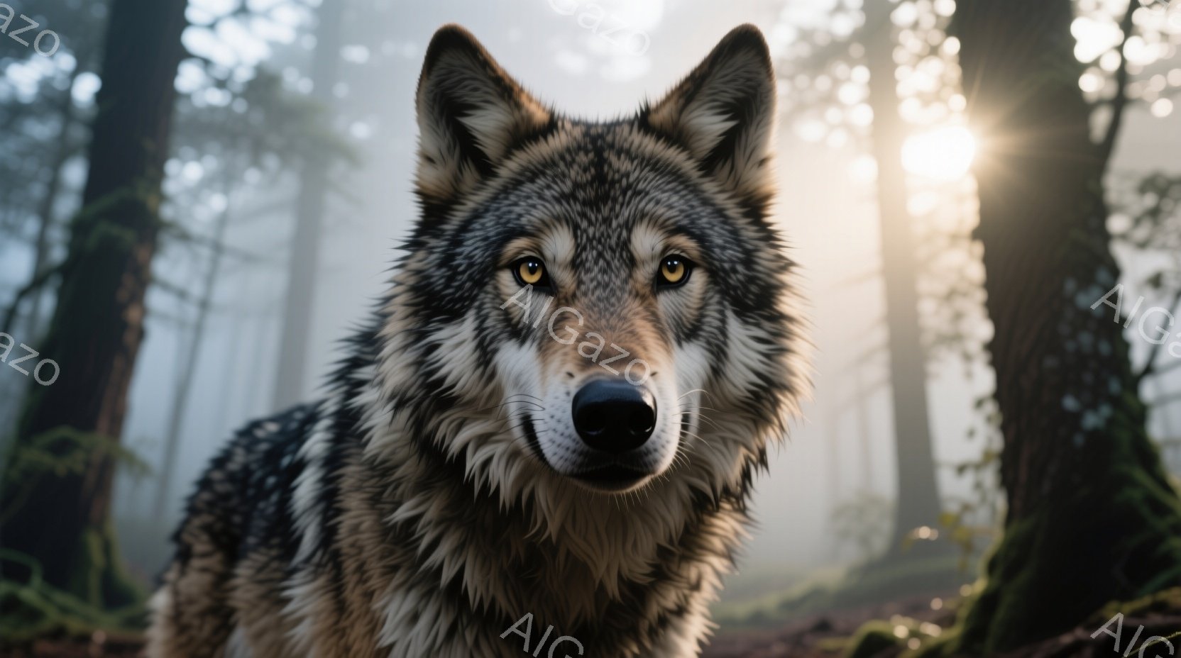 鮮やかな緑の森の中で、灰色の毛並みを持つオオカミが正面を見つめている。その瞳は琥珀色で、力強く、どこか憂いを帯びた表情をしている。背景は霧に包まれ、木々の間から差し込む光が幻想的な雰囲気を醸し出してい - AI生成フリー素材
