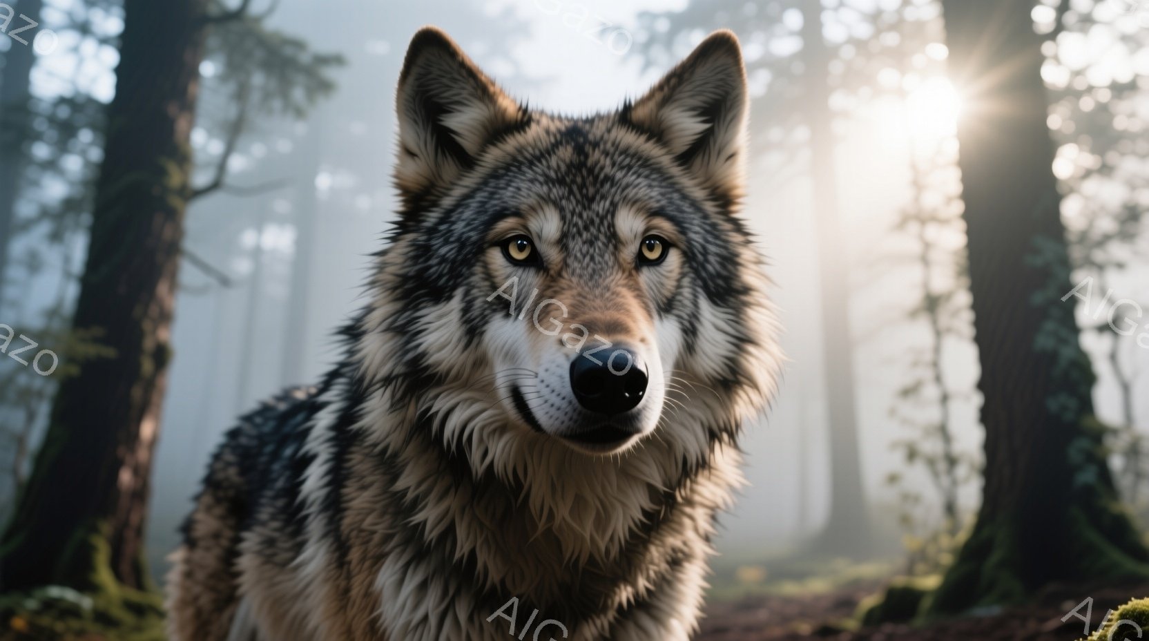 鬱蒼とした森林の中で、毛並みの美しいオオカミが正面を見据えている。その毛色は灰色、茶色、黒が混ざり合い、鋭い眼光が印象的だ。背景には霧が立ち込め、木々の間から差し込む光が幻想的な雰囲気を醸し出している。