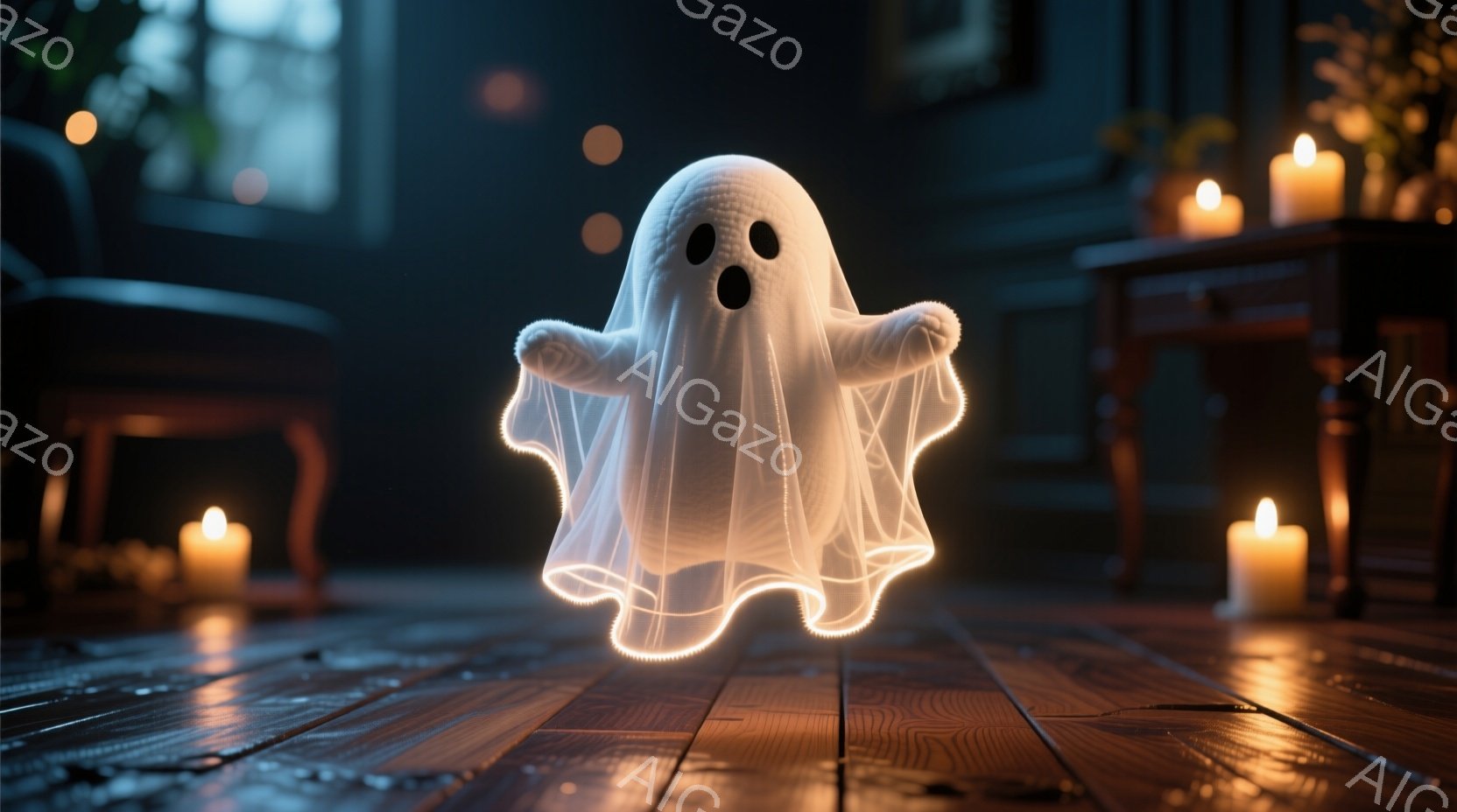 古い木製の床に、白い幽霊が浮かんでいます。幽霊は、目と口が黒く切り抜かれた、古典的な幽霊の形をしており、薄い光を放っています。背景には、ろうそくの灯り、古風な家具、そして窓から差し込むぼんやりとした光が見え、全体的に不気味で神秘的な雰囲気を醸し出しています。