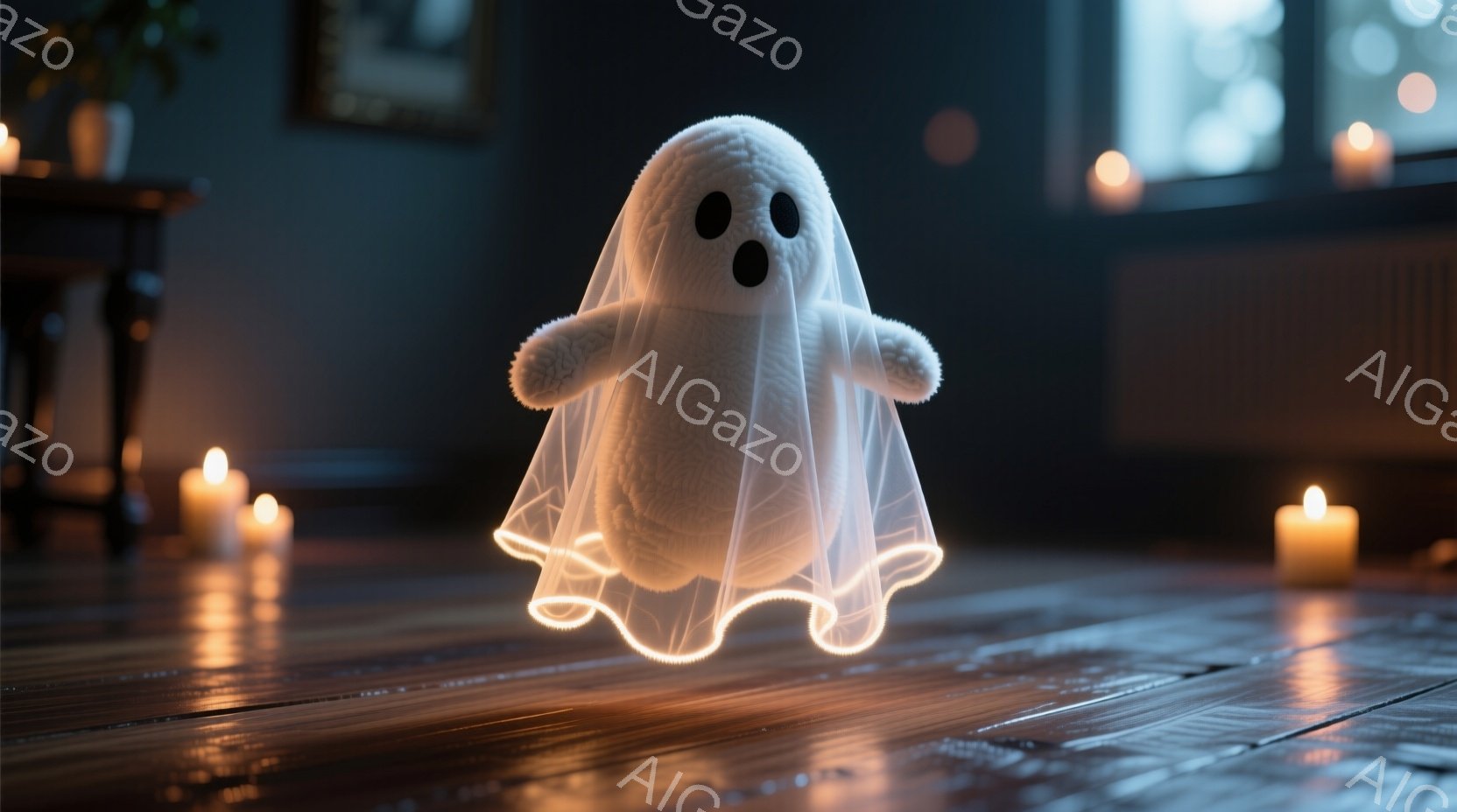 ぼんやりとした光を放つ白い幽霊のような姿が、木製の床の上に浮かんでいます。幽霊は白い布をまとい、大きな黒い目とわずかに開いた口で、どこか可愛らしい表情をしています。背景には薄暗い部屋と、ぼんやりと光る - AI生成フリー素材