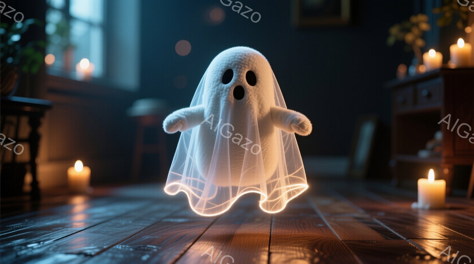 白い幽霊が床の上に浮かんでおり、大きな黒い目で驚いた表情をしています。背景には、ろうそくの明かりが灯る木製の床と、ぼんやりとした家具が見え、不気味でありながらどこか可愛らしい雰囲気を醸し出しています。 - AI生成フリー素材