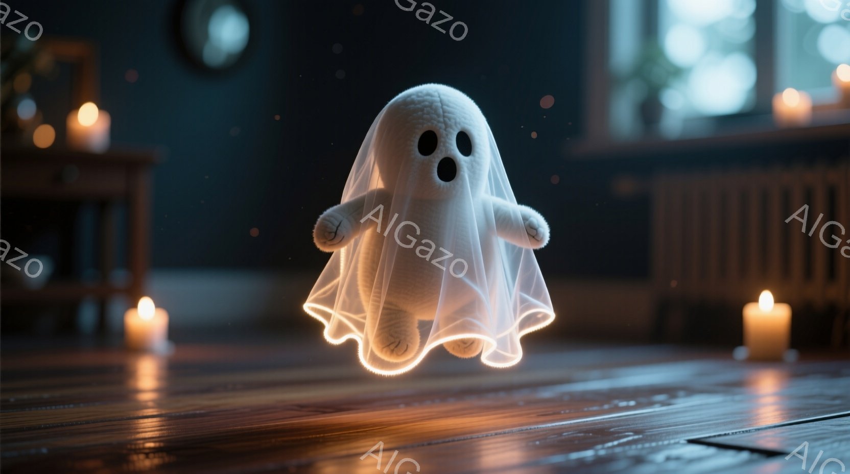 部屋の中央には、白い幽霊のような姿をしたものが浮かんでおり、ぼんやりとした光を放っています。周りにはいくつかのロウソクが置かれ、薄暗い空間を照らしており、奥には家具や窓が見えます。全体的に、ハロウィー - AI生成フリー素材