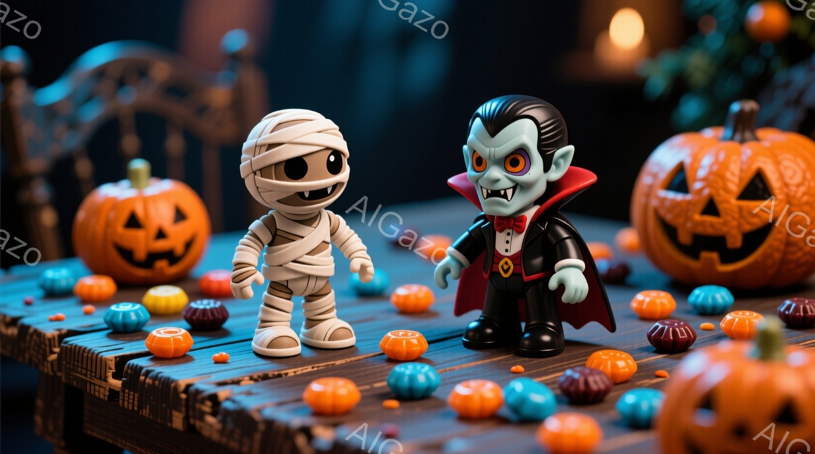 白いミイラと黒いドラキュラの人形が、オレンジ色の小さなカボチャやキャンディーで飾られた木製のテーブルの上に立っている。ドラキュラは赤い目と牙を持ち、黒いスーツと赤いマントを身に着けており、ミイラは包帯 - AI生成フリー素材