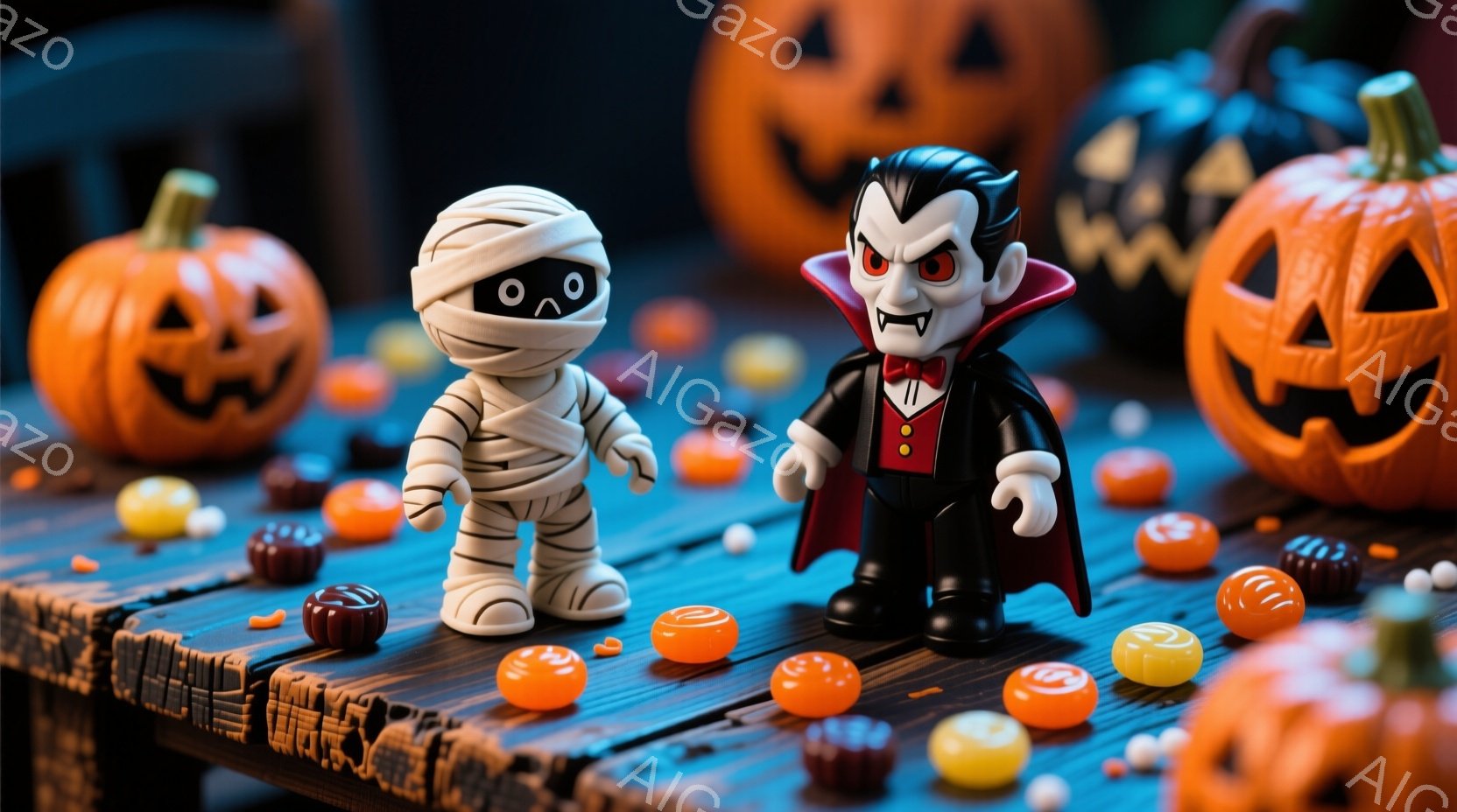 ハロウィーンの背景に、ミイラと吸血鬼のおもちゃが並んでいます。ミイラは白地の包帯で覆われ、大きな黒い目が特徴的です。吸血鬼は黒いスーツと赤いマントを身につけ、鋭い牙をむき出しにした表情で、ハロウィーン - AI生成フリー素材