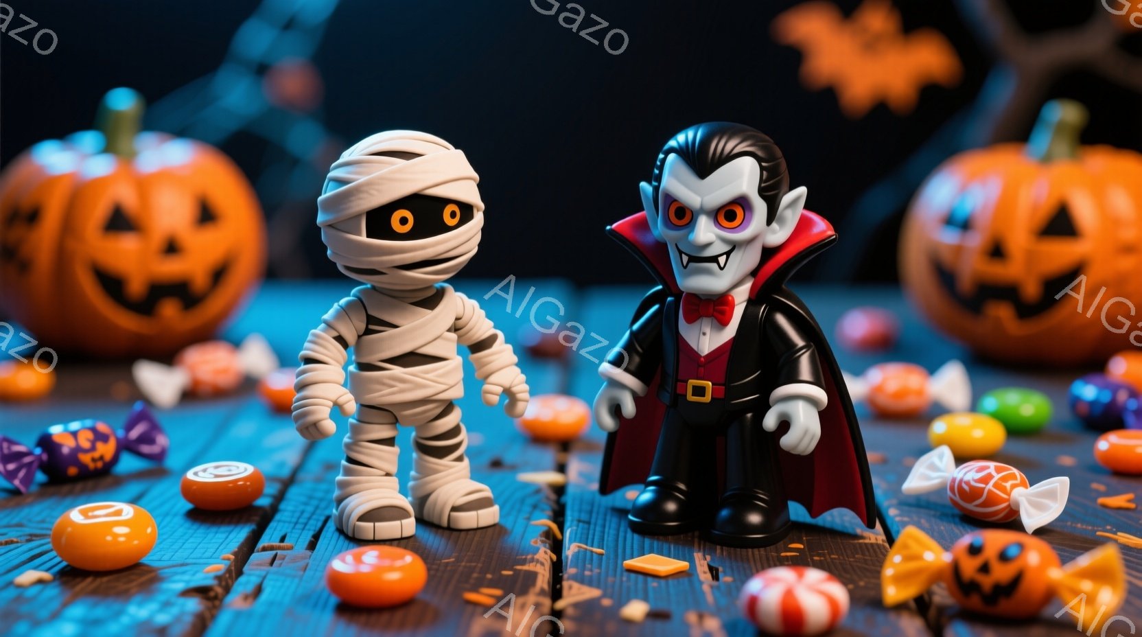 2体のハロウィーンのキャラクターが木製の床に立っており、周囲にはキャンディーが散らばっています。ミイラ男は白い包帯で全身を覆われ、大きな黒い瞳で無表情に見つめています。もう一方は、赤いマントと黒いスー - AI生成フリー素材