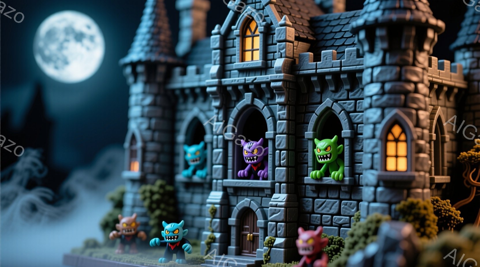 灰色の石造りの城が、満月の夜に浮かび上がっています。様々な色のモンスターたちが城の周りや窓から顔を出し、少しおどけた表情をしています。背景には薄い霧が立ち込め、不気味ながらもどこか可愛らしい雰囲気を醸 - AI生成フリー素材
