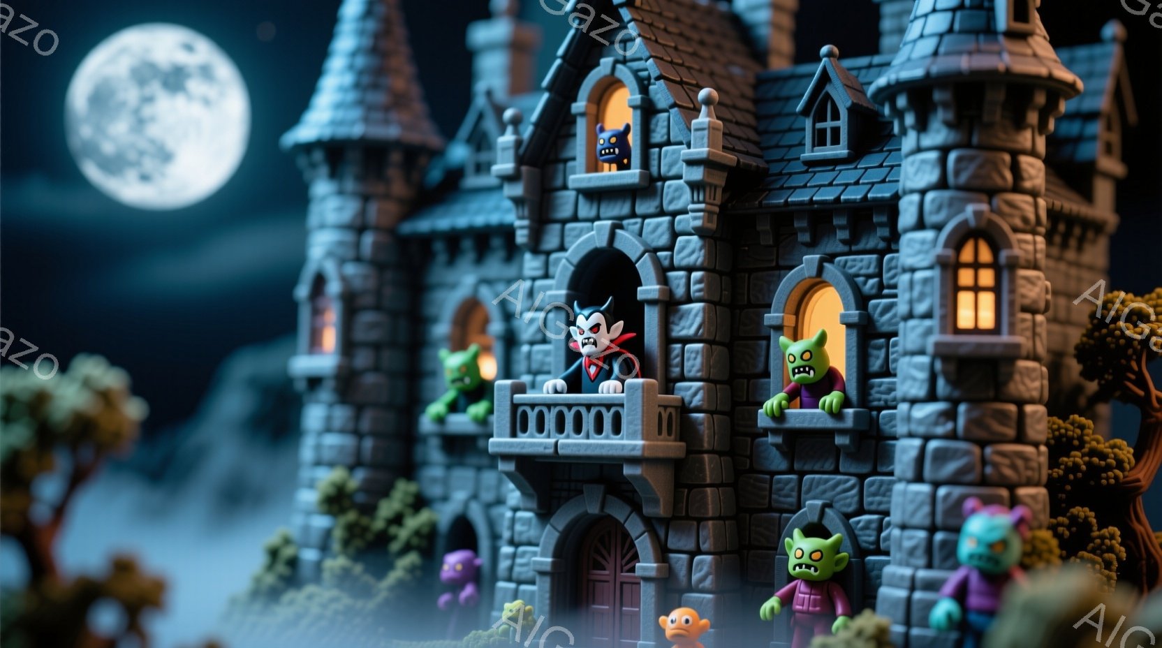 不気味な城を中心に、ハロウィーン風のミニチュアが配置された様子が描かれています。黒いマントを羽織った吸血鬼が城のバルコニーに立ち、緑色のモンスターたちが城の周りに集まり、それぞれ異なる表情を見せています。背景には、霧が立ち込める木々と満月が輝き、全体的に不気味で楽しい雰囲気を作り出しています。