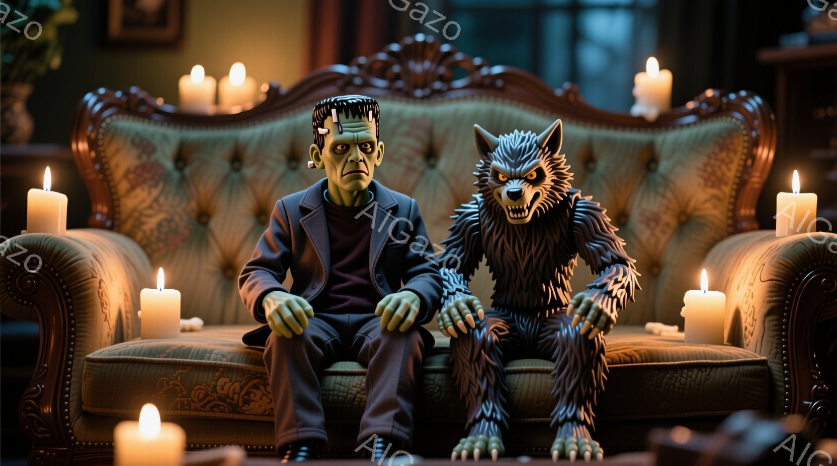 フランケンシュタインの怪物と狼男が、豪華な模様のソファに並んで座っている。怪物はダークグレーのスーツを着ており、狼男はぼろぼろの服を着て爪をむき出しにしている。背景にはろうそくが並び、アンティークな部 - AI生成フリー素材