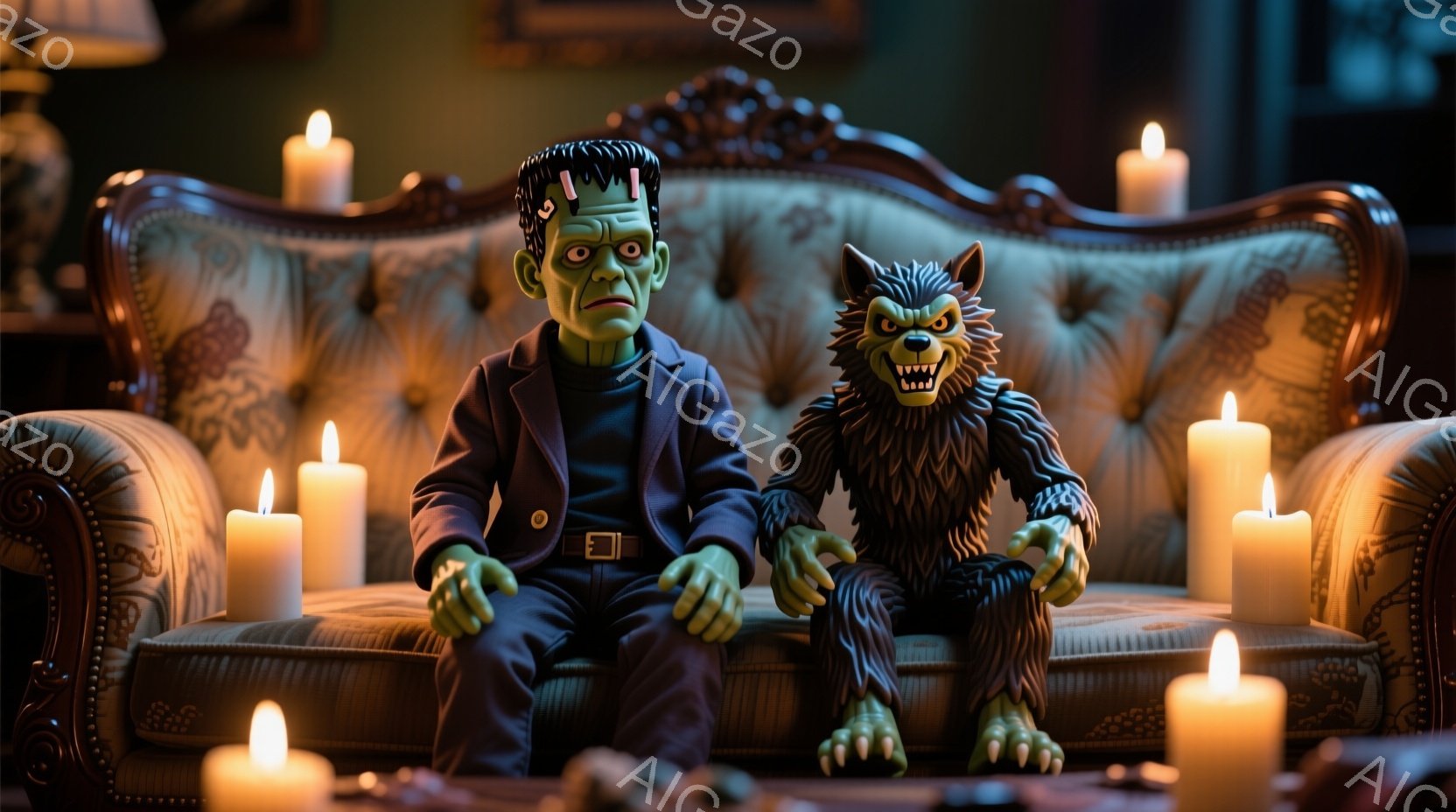 緑色の肌のフランケンシュタインの怪物と、毛むくじゃらの狼男が、豪華なベルベットのソファに座っています。フランケンシュタインは黒いスーツを着て、やや憂鬱な表情を浮かべており、狼男は爪を立ててソファの肘掛けに手を置いています。背景にはキャンドルの灯りが灯り、豪華で少し不気味な雰囲気を作り出しています。