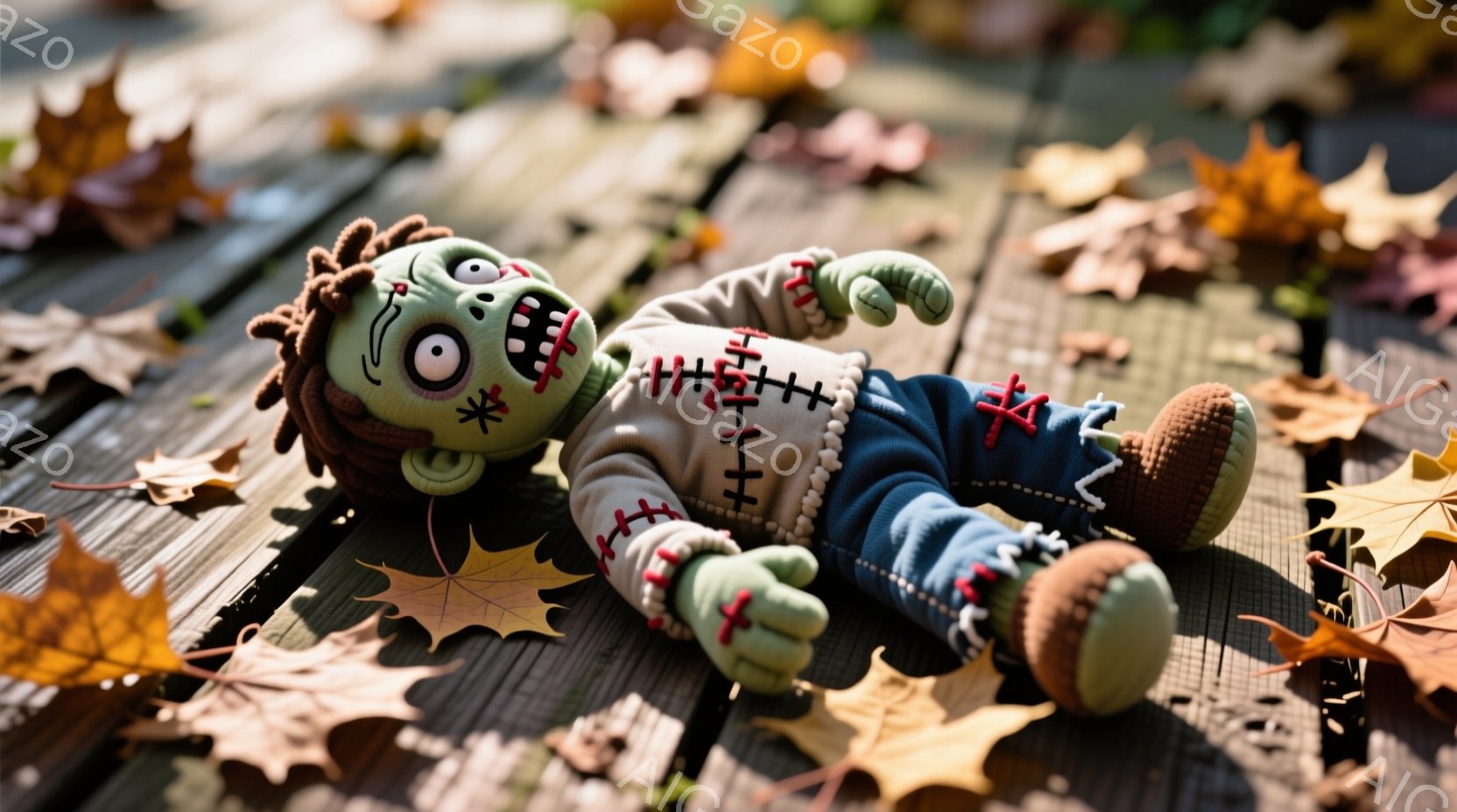 縫いぐるみのフランケンシュタイン風のモンスターが、木製のデッキの上に横たわっています。緑色の肌、ボサボサの黒い髪、そして縫い目のある顔が特徴的で、青いズボンとセーターを着ています。周りには、紅葉したカエデの葉が散らばり、秋の落ち着いた雰囲気を醸し出しています。