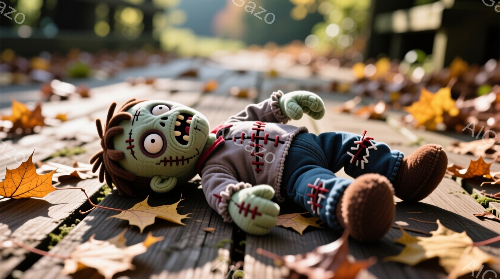 縫い付けられた手足を持つおもちゃのモンスターが木製のデッキの上に横たわっている様子を捉えています。緑色の顔には大きな目と歪んだ口があり、紫色のセーターと青いズボンを身につけ、足元には茶色の靴があります。背景には落ち葉が散らばり、秋の穏やかな雰囲気を感じさせます。