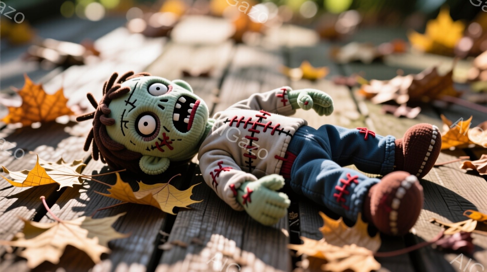 不気味なフランケンシュタイン風の縫いぐるみが木製の板の上に横たわっています。緑色の肌に茶色のぼさぼさとした髪、そして縫い目模様が特徴的です。背景には、秋らしい枯れ葉が散らばり、全体的にハロウィーンや秋の雰囲気を醸し出しています。