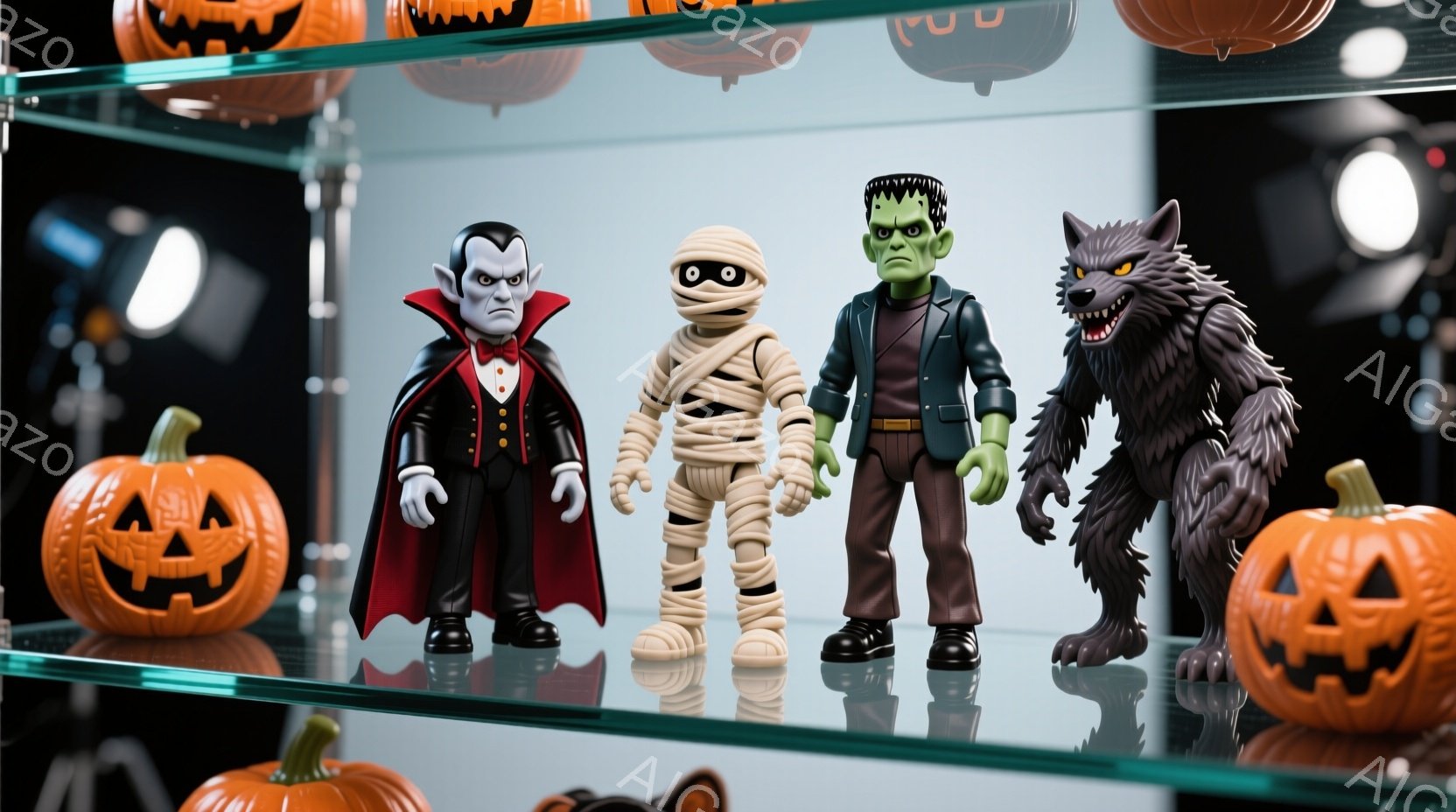 ハロウィーンの装飾が施された棚の上に、ドラキュラ、ミイラ、フランケンシュタイン、狼男のフィギュアが並んでいる。それぞれのフィギュアは特徴的な衣装を着ており、ドラキュラは黒いスーツに赤いマント、フランケ - AI生成フリー素材