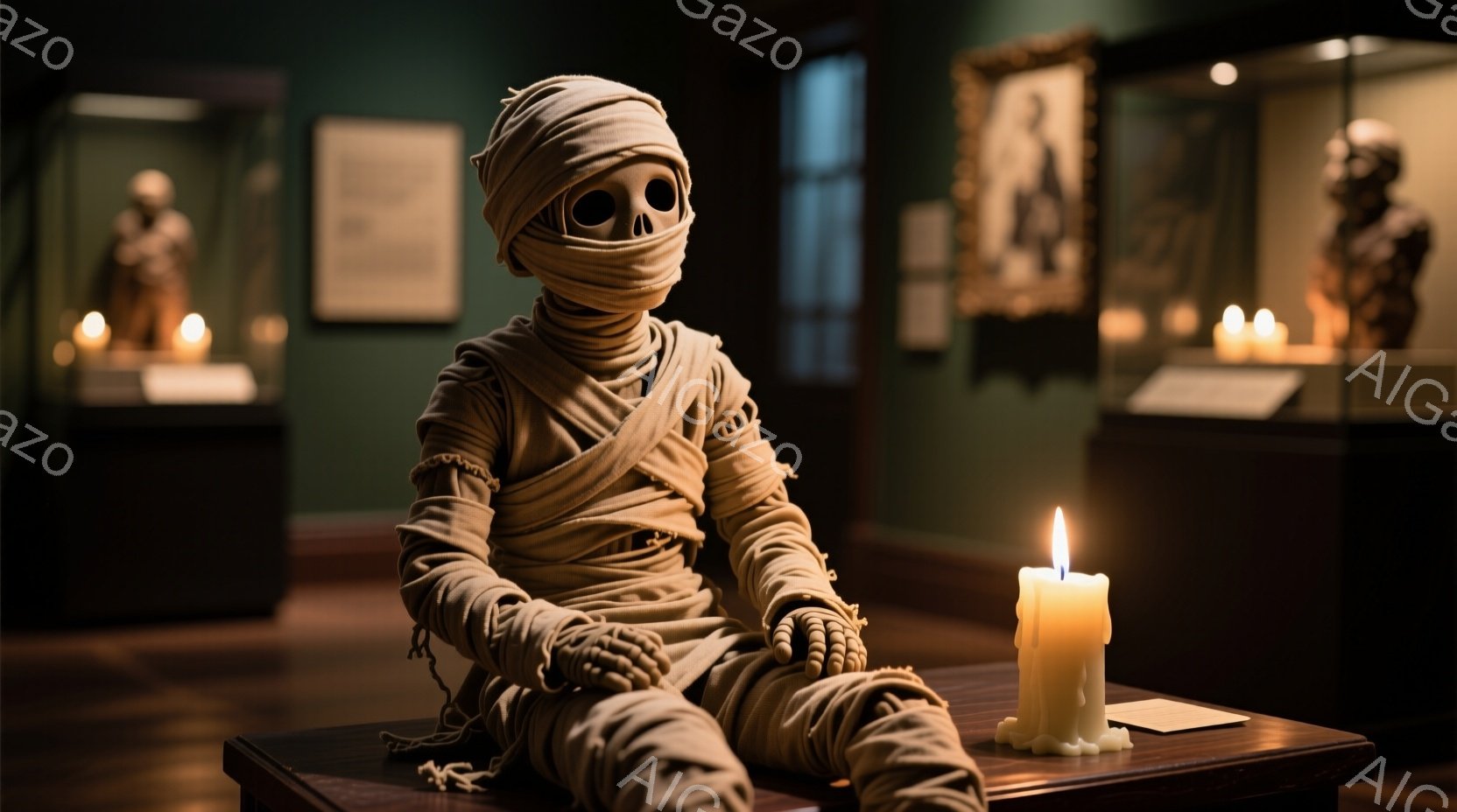 博物館のような空間に、ミイラのような衣装を身につけた人物が座っている。顔は白く覆われ、目は大きく開いており、手は包帯で覆われている。背景には展示ケースが並び、薄暗い光の中にロウソクが灯っており、全体的 - AI生成フリー素材