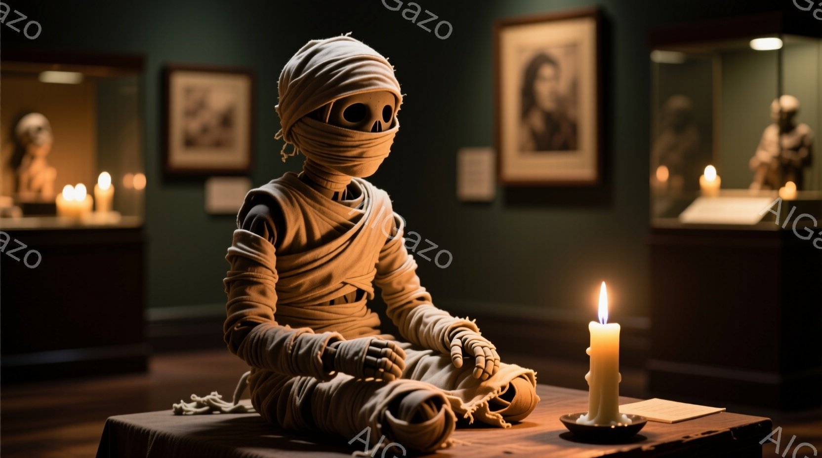 ミイラのような包帯で全身を覆われた人物が、博物館のような場所のテーブルに座っている。包帯で顔も覆われているため表情は不明だが、膝の上に手を置き、静かに座っている様子から、どこか物憂げな雰囲気が漂う。背 - AI生成フリー素材