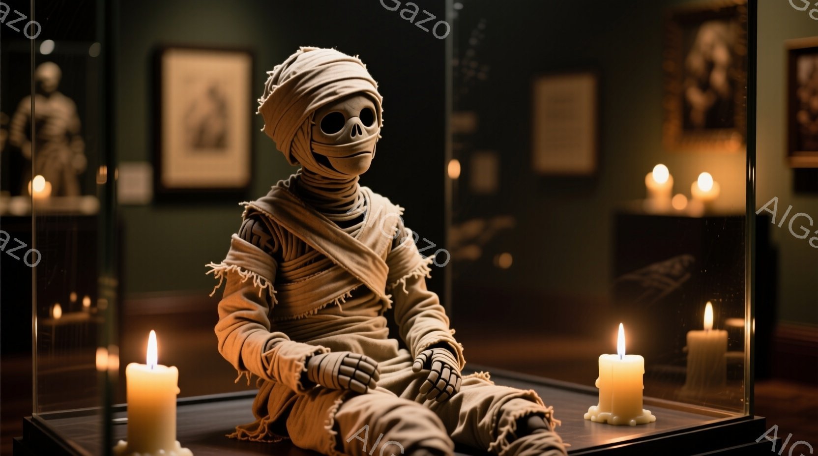 ミイラのような姿をした人物が、ガラスケースの中に座っている。その人物は全身を包帯で覆われ、骸骨のような顔を持っており、両手は骨ばった手袋をはめている。背景には、暗い部屋の中に飾られた絵画やキャンドルが - AI生成フリー素材