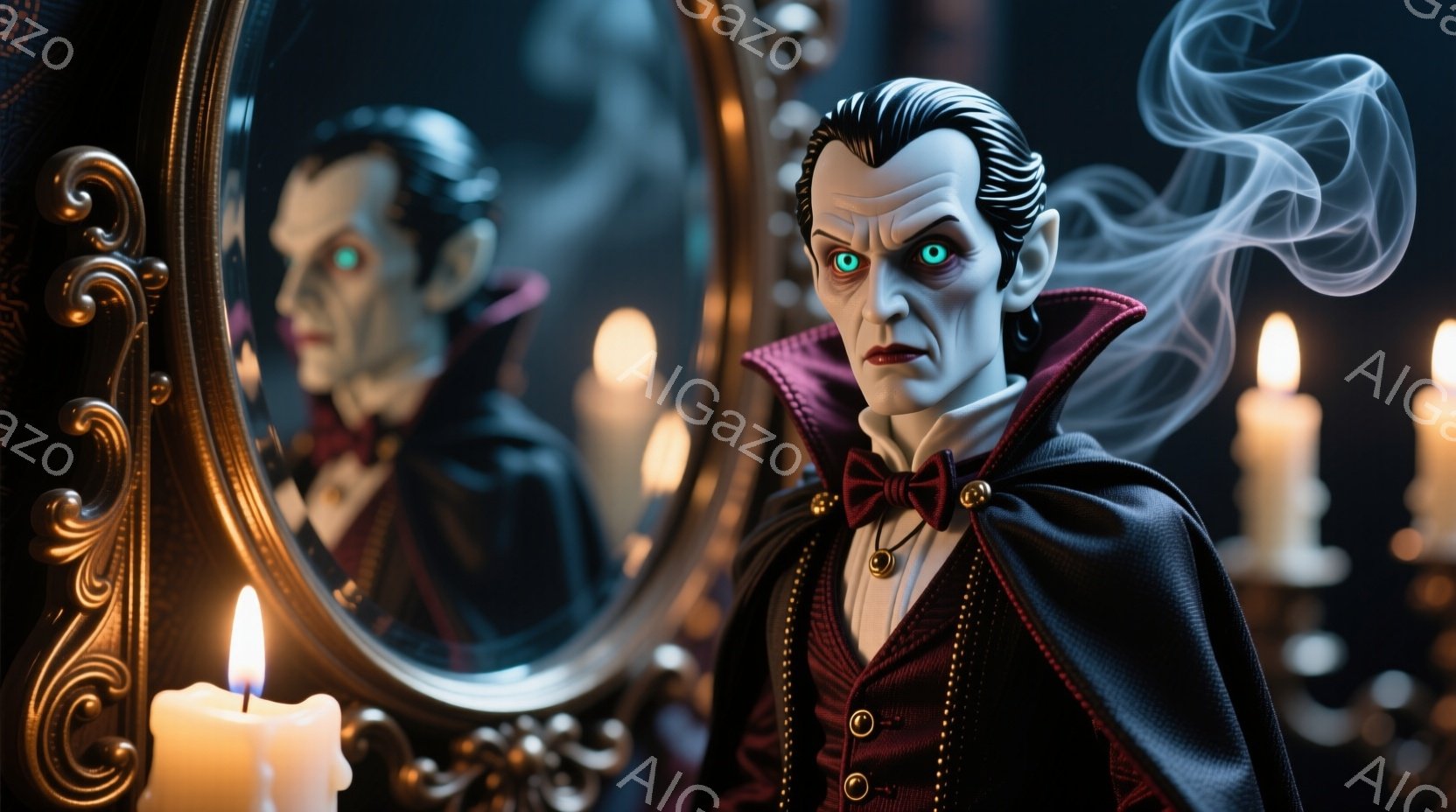 豪華な装飾が施された鏡の前でポーズをとる男性が写っています。彼は黒いスーツに赤い蝶ネクタイ、そして胸元には金色のペンダントを身につけています。彼の髪は後ろにとかされ、顔は青白い肌色で、鋭い視線で鏡を見つめており、背後には白い煙が立ち上っています。
