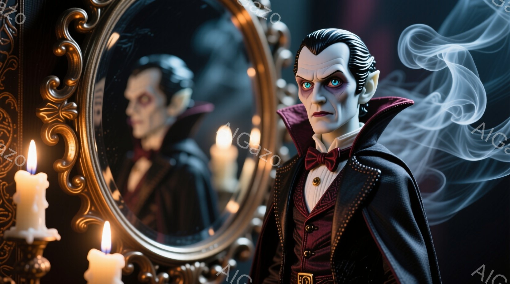 鮮やかな赤い目を持ち、蒼白い肌の男性が、黒いベルベットのジャケットと赤い蝶ネクタイを身につけて鏡の前で立っている。彼の髪型は整ったオールバックで、顔にはわずかな笑みが浮かんでいる。背景には、燃える蝋燭と煙が漂い、全体的に神秘的で少し不気味な雰囲気を作り出している。