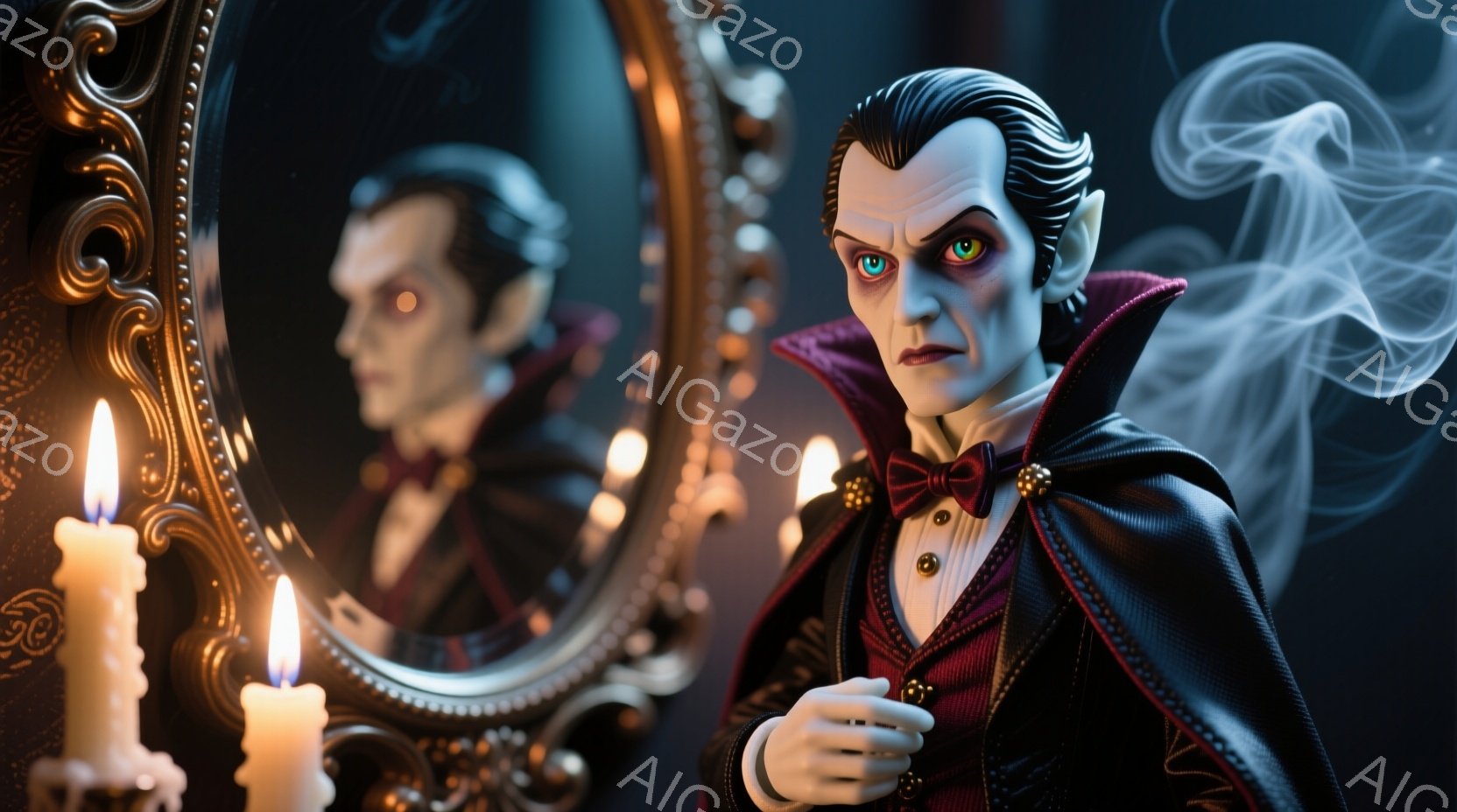 鮮やかな緑色の瞳を持つ男性が、赤い襟元のケープと黒いボウタイを身につけ、優雅にポーズをとっています。彼は鏡に向かっており、鏡には自身の姿が映し出されています。背景には燃えるキャンドルが灯り、ドラマチックな雰囲気を醸し出しています。