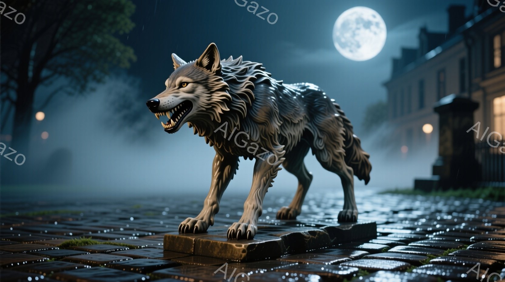 濡れた石畳の上に、険しい表情のオオカミが立っている。背景には霧が立ち込め、古い建物と街灯がぼんやりと見える夜の街並みが広がっている。満月が空に輝き、全体的に不気味で神秘的な雰囲気を醸し出している。 - AI生成フリー素材