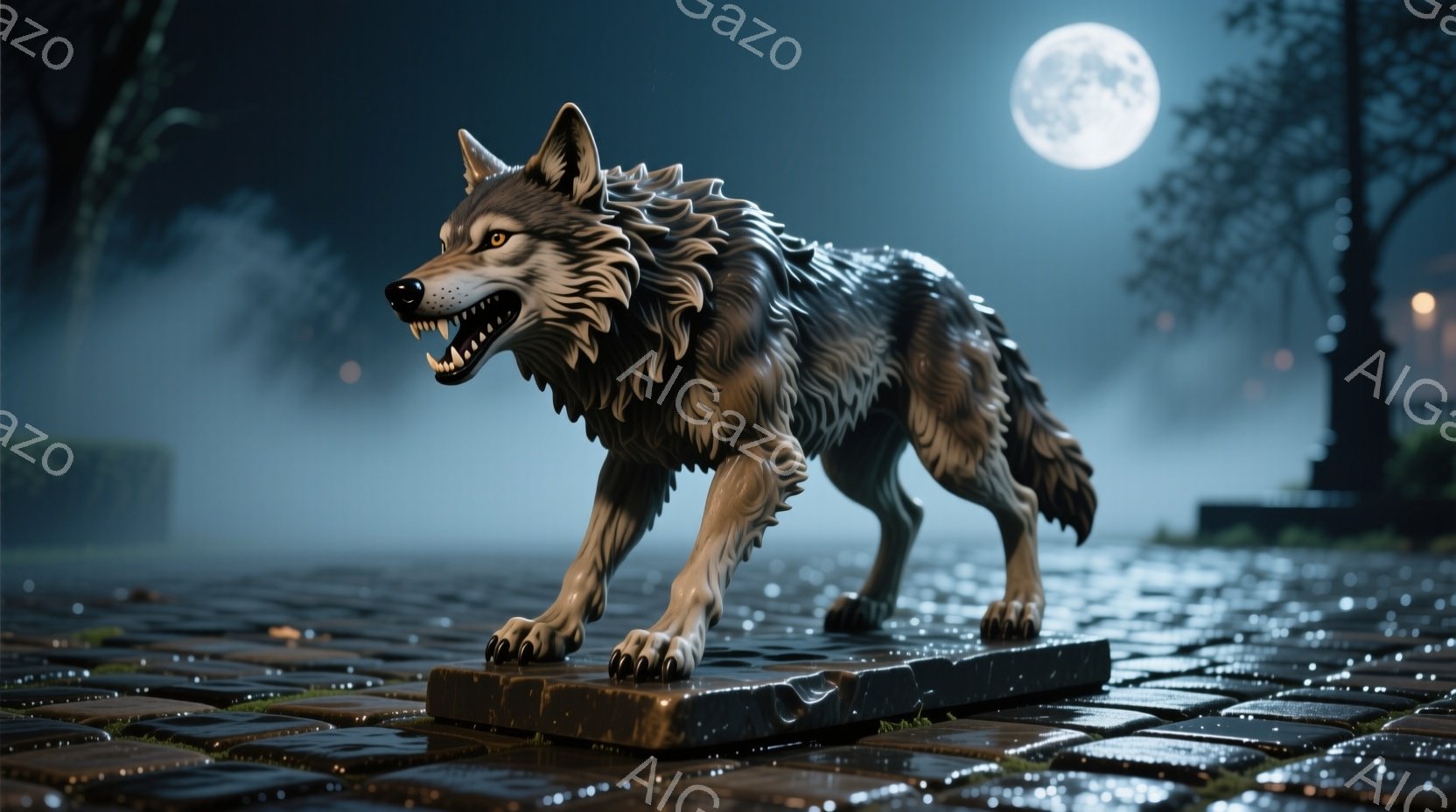 霧深い夜、レンガ造りの道の上に、かがやく狼の彫刻が置かれている。狼は口を開け、鋭い牙をむき出しにして前方を睨みつけており、まるで獲物を狙っているかのような迫力がある。背景にはぼやけた街並みと、大きく輝 - AI生成フリー素材