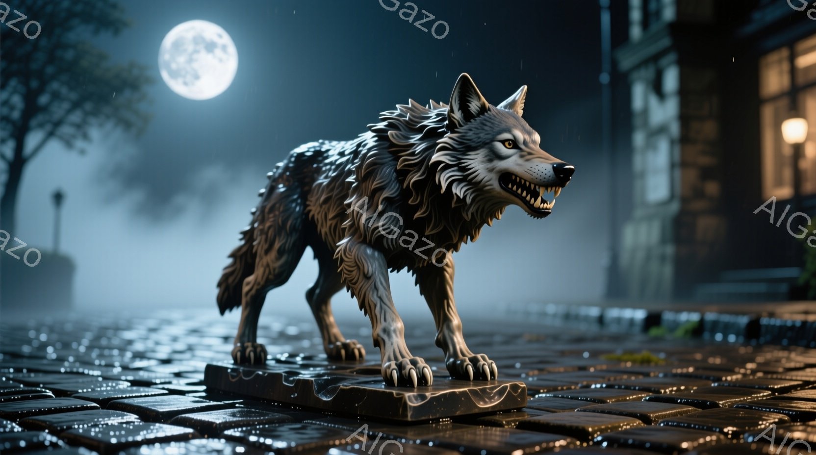 濡れた石畳の上に、うなり声を上げる狼の彫刻が置かれている。満月の光が暗い街並みを照らし、湿った空気と雨が夜の雰囲気を強調している。彫刻は詳細に作られており、周囲の建物は時代を感じさせるレンガ造りである。