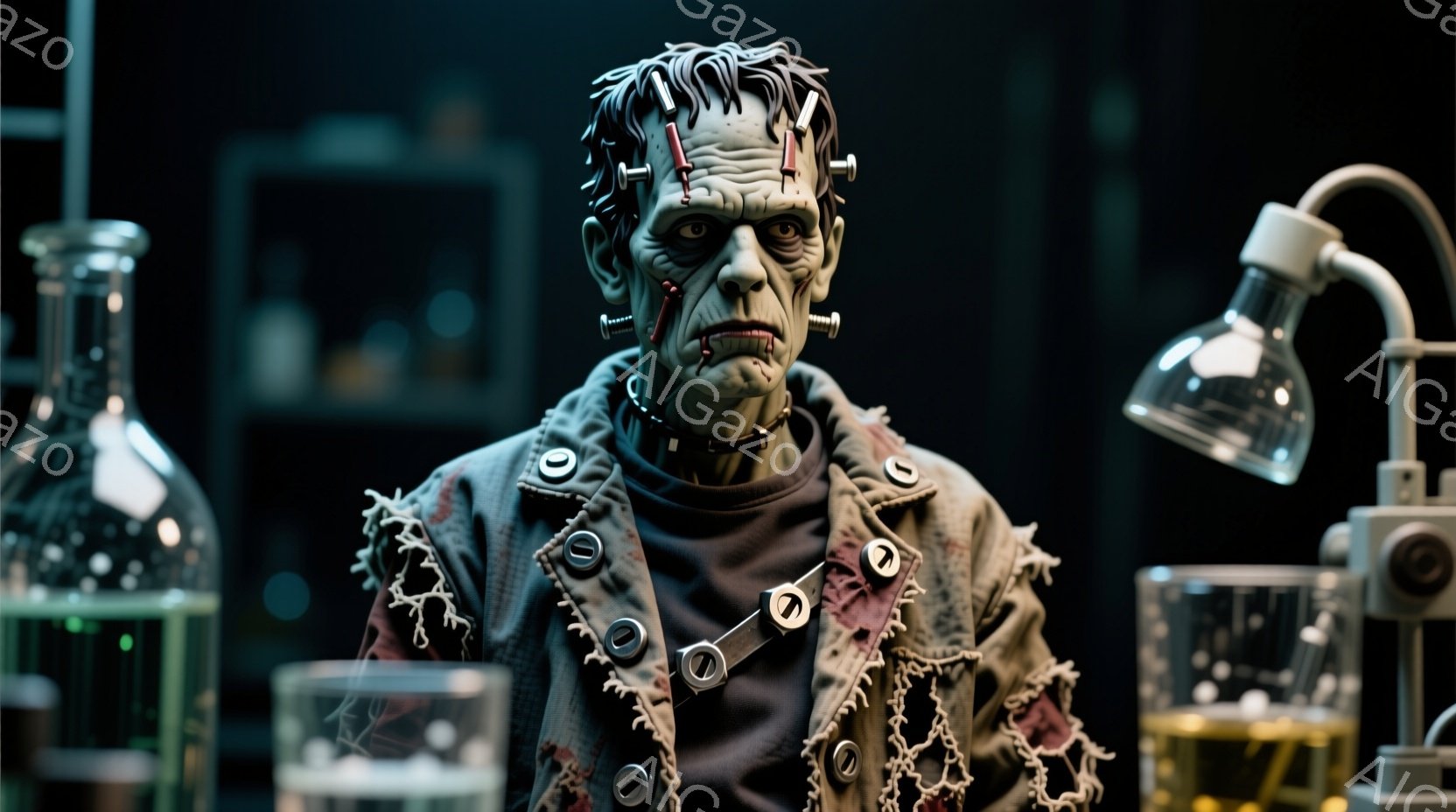 フランケンシュタインのモンスターの顔のアップです。モンスターは、ボルトで固定された首と、縫い合わされた傷跡のある肌を持つ、青白い顔色をしています。背景には、試験管やフラスコが置かれた実験室の様子がぼん - AI生成フリー素材