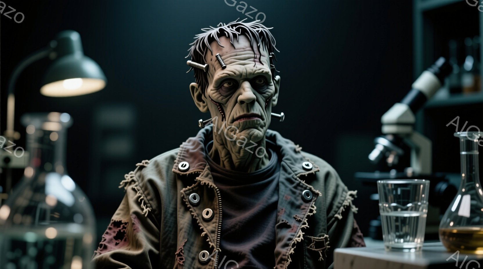 フランケンシュタインの怪物と思われる人物を捉えています。彼はボロボロのジャケットを着ており、首や頭には金属製のボルトが刺さっています。その表情は憂いを帯びており、どこか悲しげな雰囲気を漂わせています。 - AI生成フリー素材