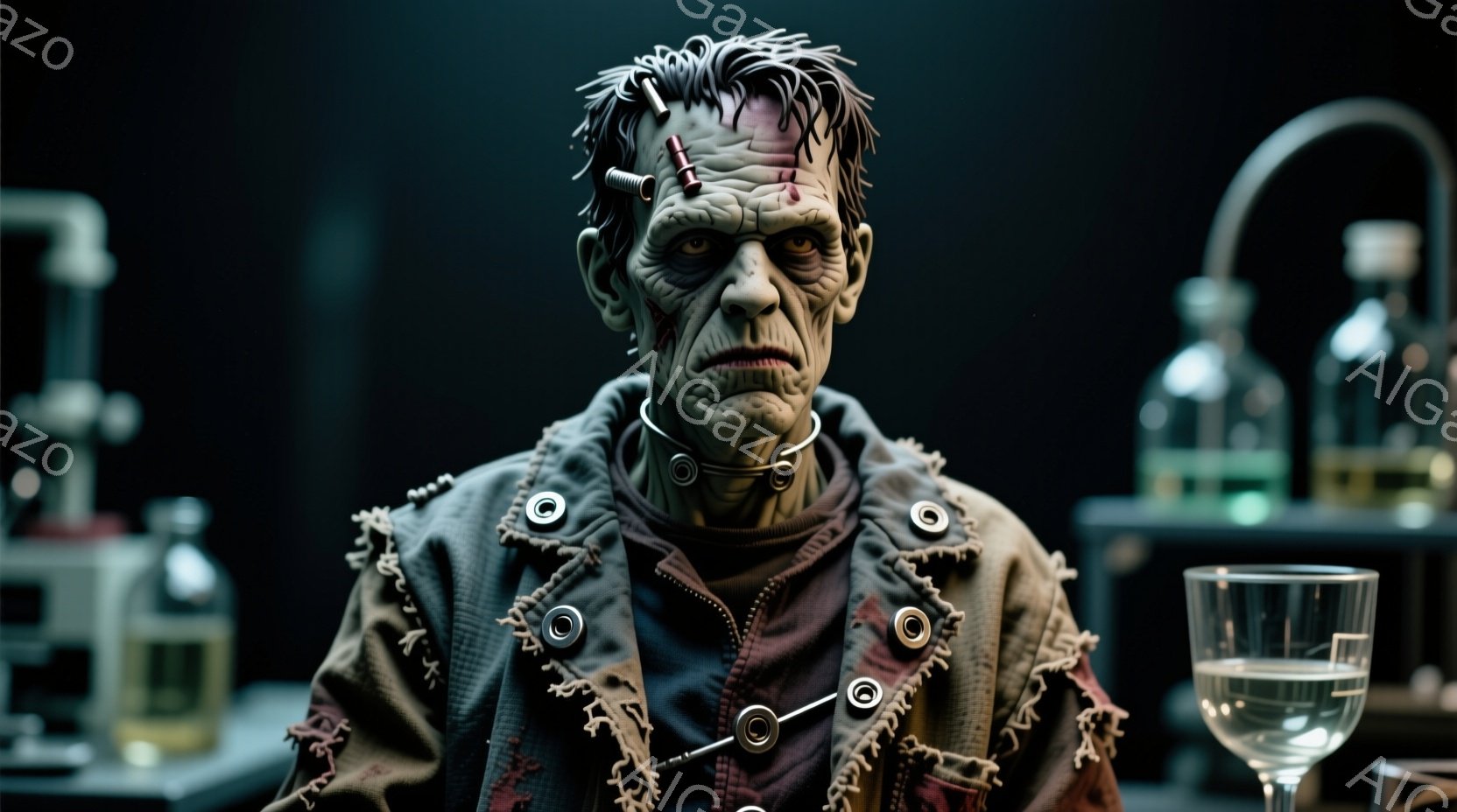 フランケンシュタインの怪物と思われる人物を捉えています。怪物は、破れた赤いジャケットを身につけ、首には金属製のボルトが固定されています。表情は苦痛に満ちており、髪は乱れ、暗く陰鬱な実験室のような背景が、重苦しい雰囲気を醸し出しています。