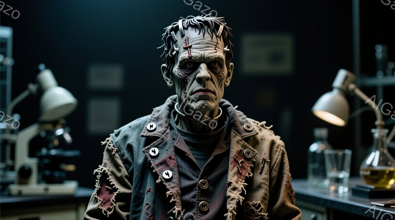 これは、フランケンシュタインの怪物と思われる人物のクローズアップ写真です。顔は青白く、縫い目があり、苦悶に満ちた表情をしています。古びたパッチワークのジャケットを着ており、首には金属製の首輪が巻かれ、 - AI生成フリー素材