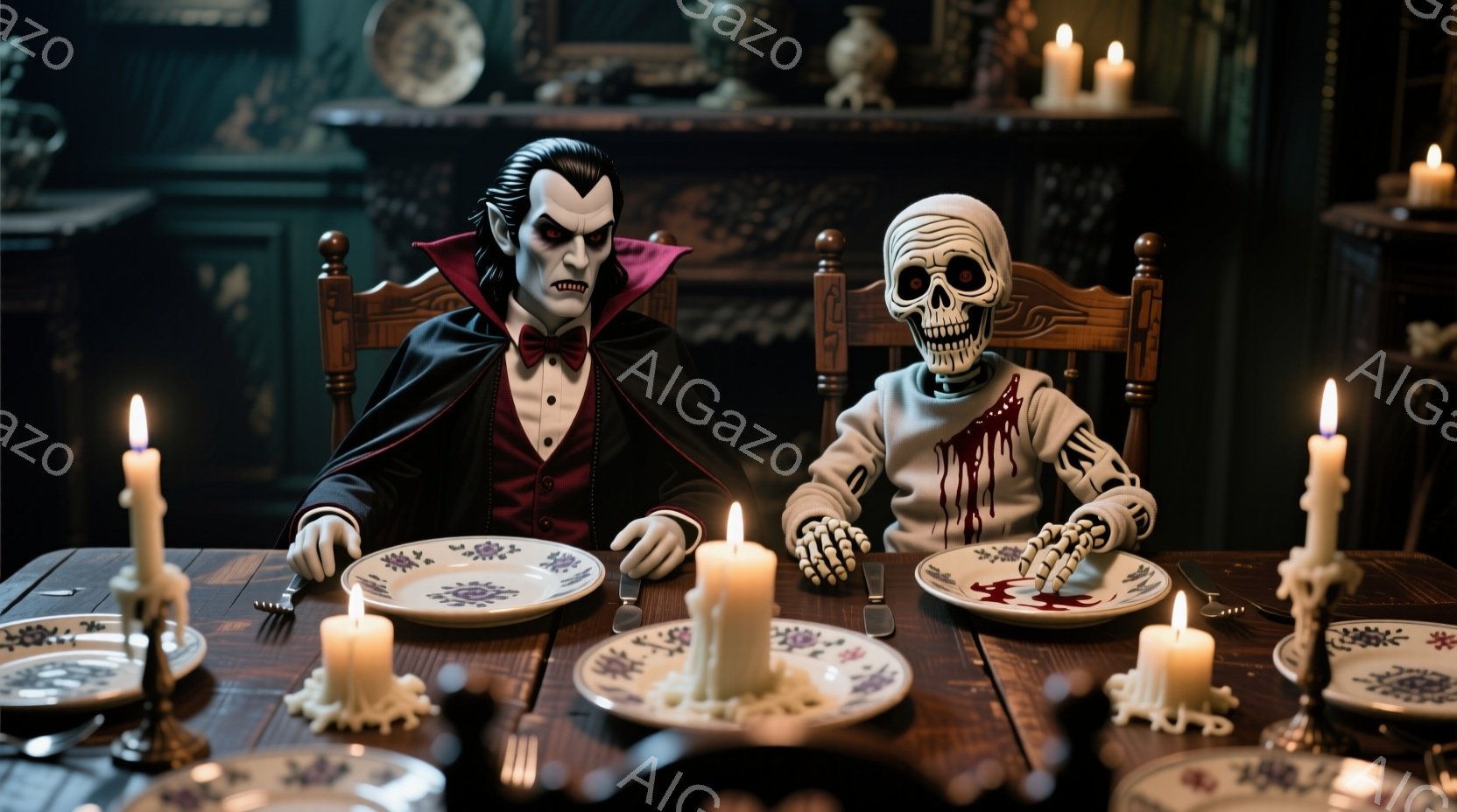 古風なダイニングルームで、吸血鬼とスケルトンが食事をしている様子が描かれています。吸血鬼は黒いスーツに赤いネクタイ、整髪された髪で、真剣な表情で食事をしています。背景にはアンティーク調の家具や絵画が並び、テーブルの上にはろうそくが灯り、不気味でありながらもどこかユーモラスな雰囲気を醸し出しています。