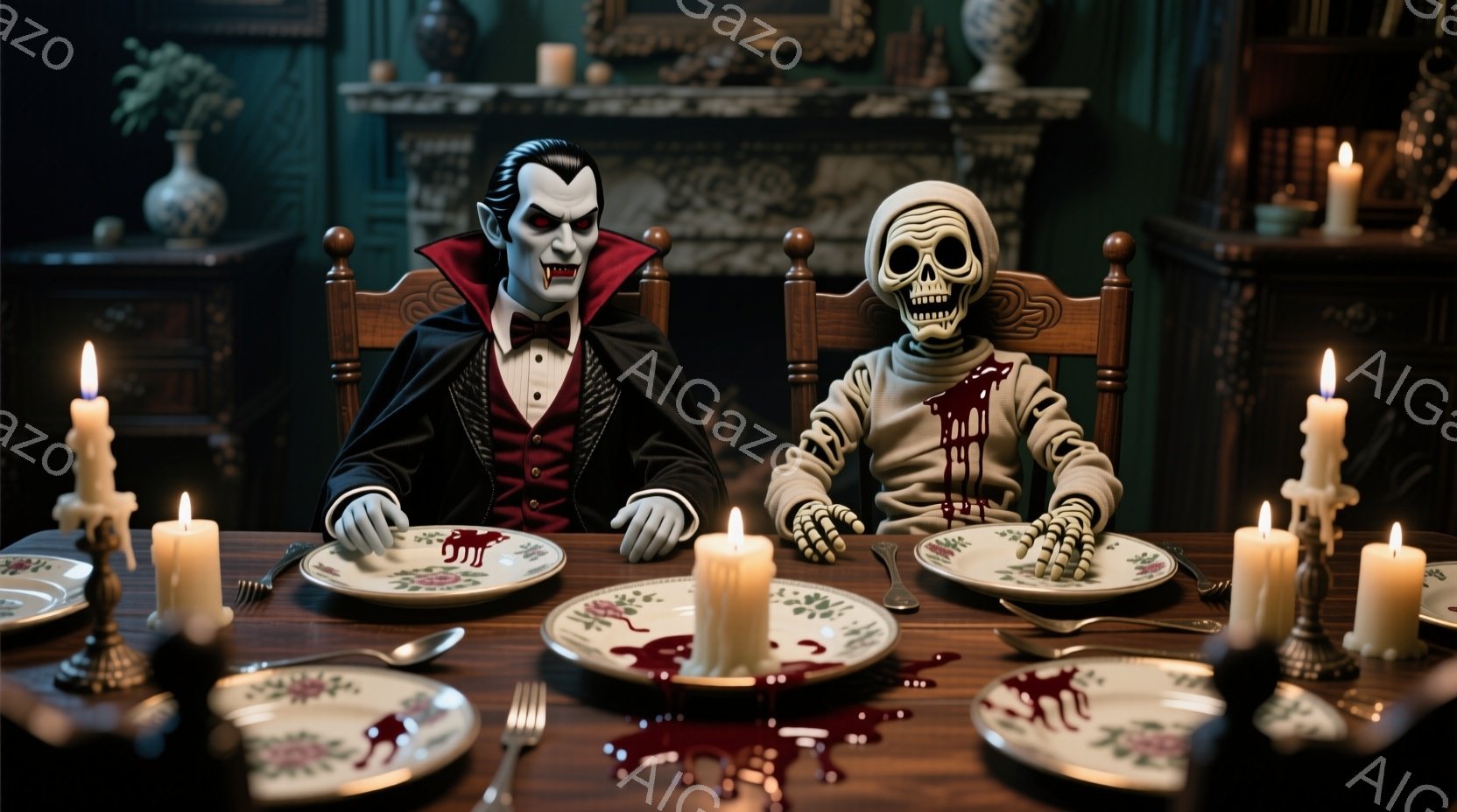 古いダイニングテーブルを挟んで、吸血鬼とスケルトンが夕食をとっています。吸血鬼は黒いスーツに赤い裏地が施され、整った髪型で、深刻な表情をしています。スケルトンは白いオーバーオールを着ており、テーブルの上の皿には赤いソースのようなものがこぼれていますが、二人は正対して食事をしています。