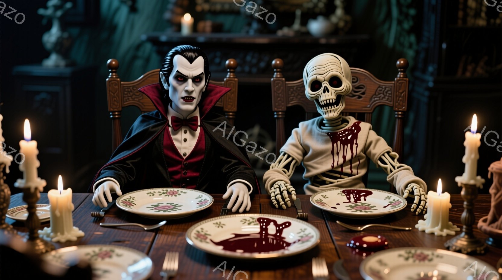 豪華なダイニングテーブルを挟んで、吸血鬼とガイコツが向かい合って食事をしている様子が描かれています。吸血鬼は黒いスーツに赤いネクタイを締め、整った髪型で、不敵な笑みを浮かべています。ガイコツは白い骨格 - AI生成フリー素材