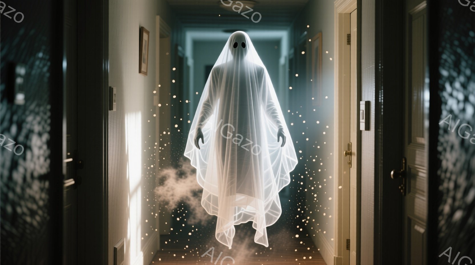 白い布で覆われた幽霊のような姿が、廊下の中央で浮遊している。幽霊の周囲には微かな光の粒子が漂い、その姿をより幻想的に際立たせている。廊下は閉じたドアが並び、薄暗い照明が不気味な雰囲気を醸し出している。